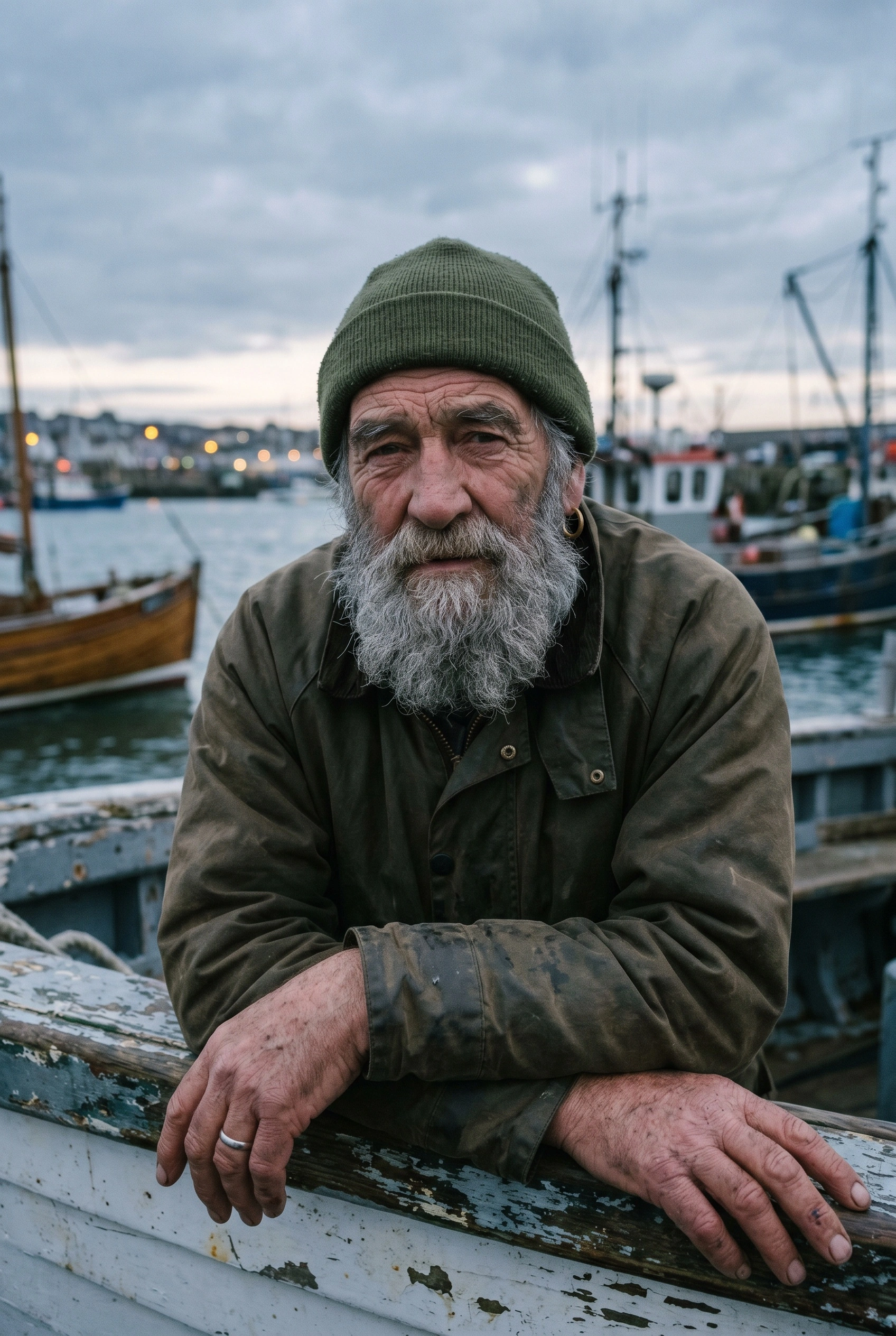 An elderly fisherman in a moss-green knit cap and battered waxed jacket leans on the painted gunwale of a wooden boat, salt-and-pepper beard catching the dusk. Behind him, harbor trawlers and distant town lights blur under low blue clouds. Available-light environmental portrait, cool cinematic palette, weathered dignity.