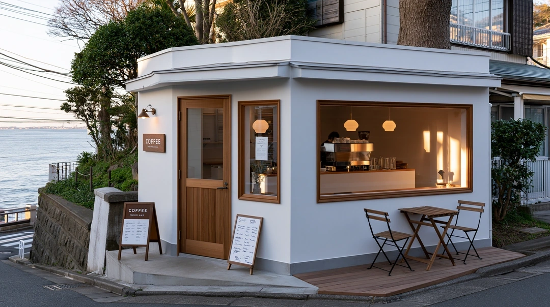Tiny white corner cafe with a glowing interior, timber door and large picture window framing pendant lights and a barista at the counter. A pavement A-board, bistro table, and two folding chairs sit on the wooden deck while ocean and overhead wires fade off to the left. Dusk light, refined Japanese seaside calm.