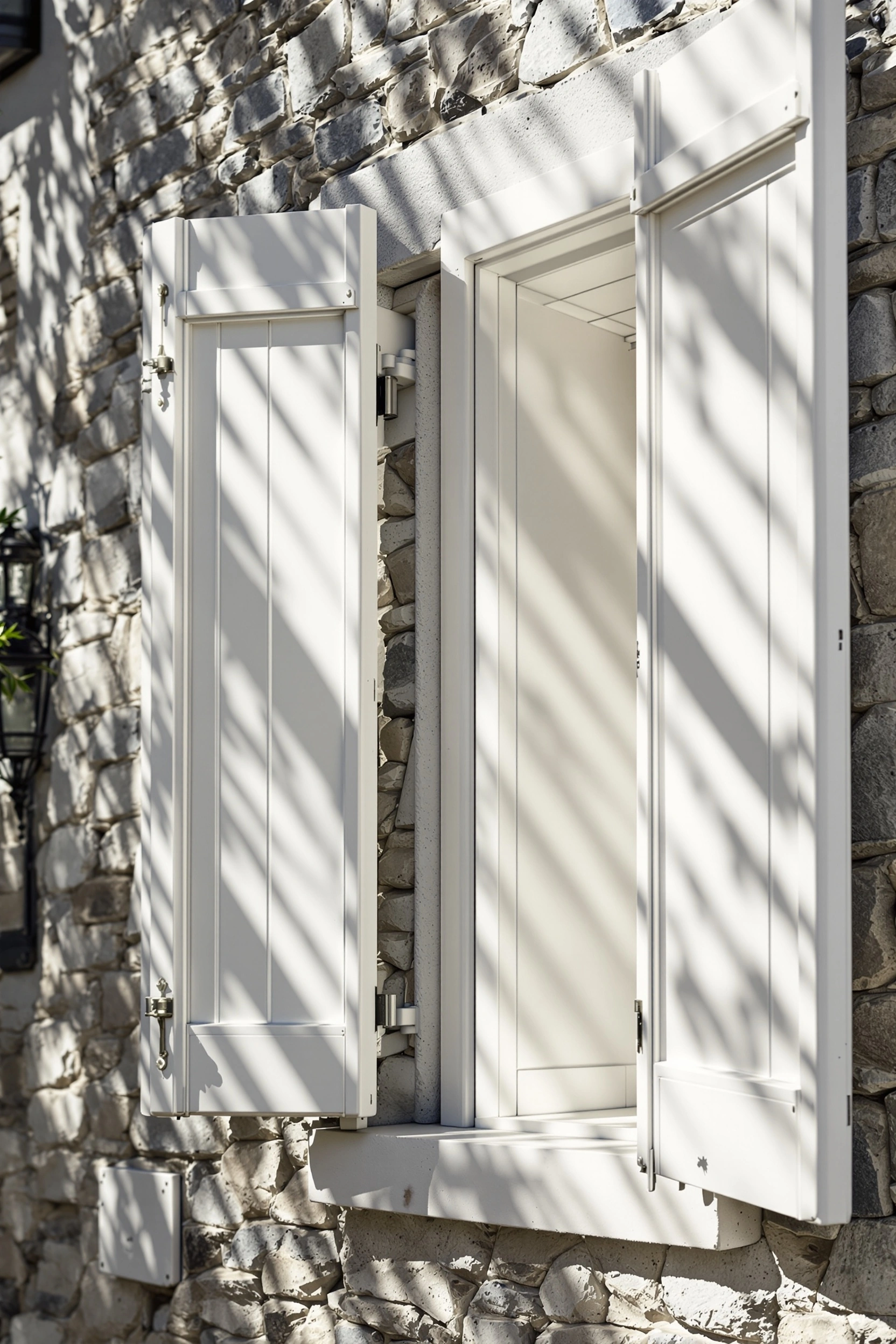 Crisp white-painted plank shutters hinge open on a rough-cut limestone facade, midday sun throwing the spiked silhouette of a pine across the boards. A black wrought-iron lantern peeks at the left edge. Architectural vertical crop, hard shadow play, the dry clarity of a Provençal noon on slow colour film.