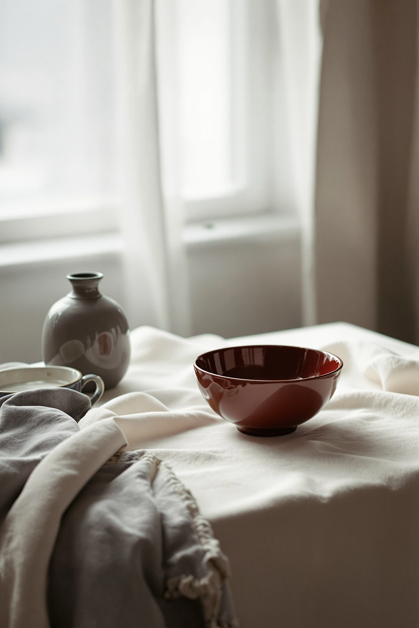 A glossy oxblood ceramic bowl sits centered on a rumpled bone-linen tablecloth, joined by a pale grey vase and a fringed sand-coloured throw beside a sheer-curtained window. Diffused overcast daylight bathes the scene in dusty neutrals, the bowl's deep red the sole chromatic punctuation. Scandinavian quiet, still-life calm, soft 50mm rendering.