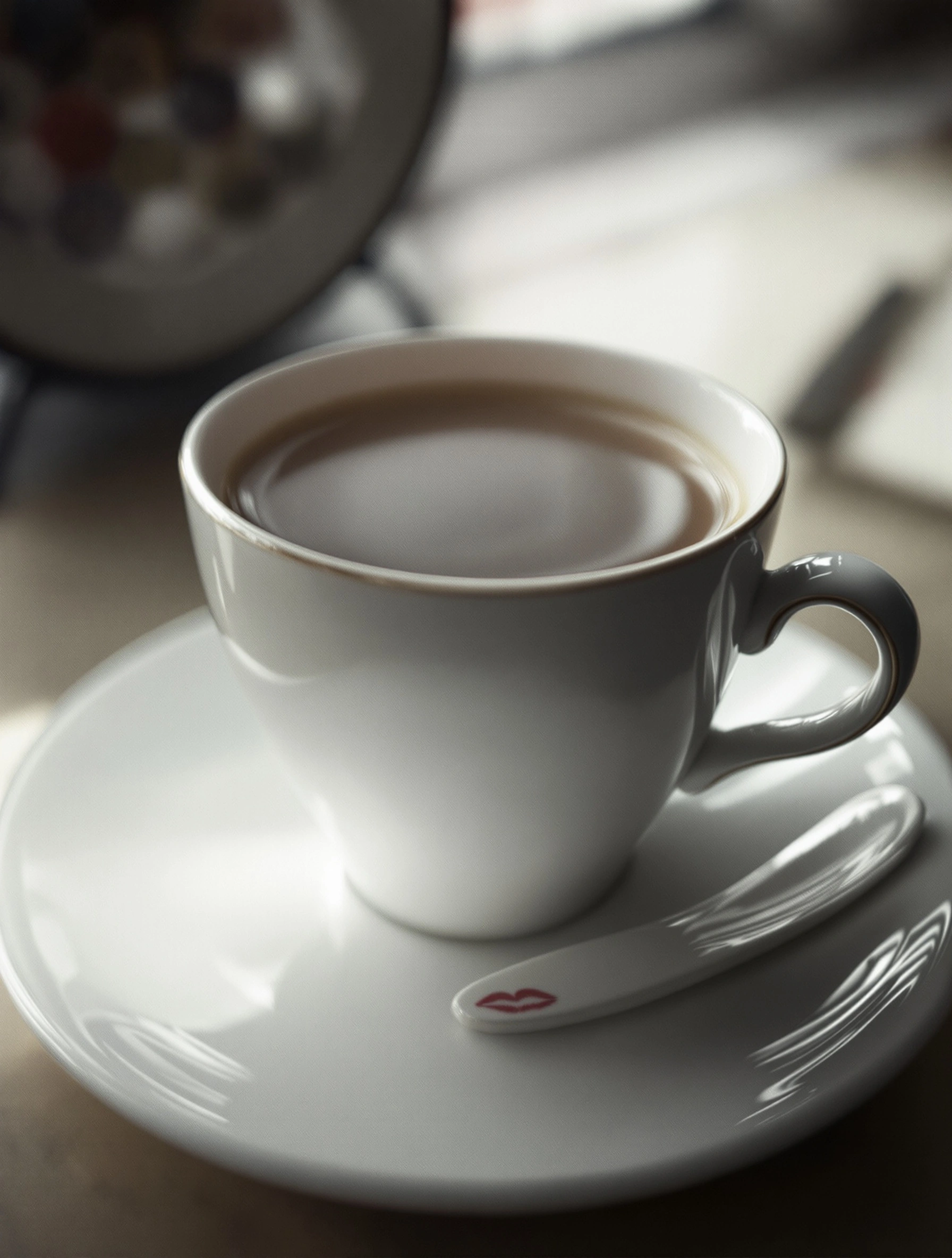 A glossy white porcelain cup of milky tea sits on its saucer, a slim spoon resting alongside marked with a tiny red lipstick imprint. Soft window light gathers in the curved interior, the background blurring into pale ceramics and bokeh. Quiet morning narrative, 50mm shallow focus, gentle film tones.