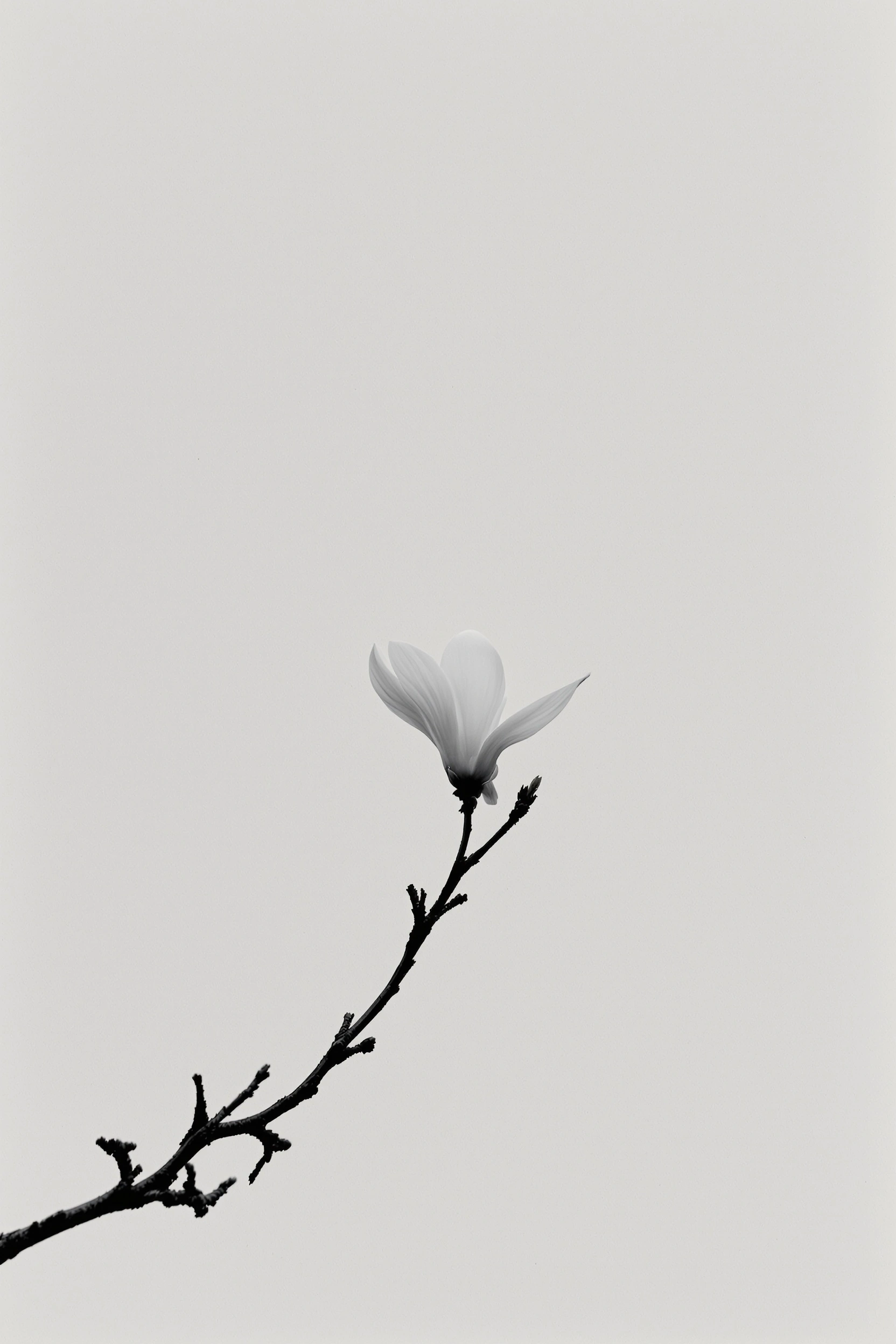 A solitary white magnolia bloom tilts open at the tip of a slender bare branch, its petals catching diffused overcast light against a vast dove-grey sky. Negative space dominates the frame, the composition pushed low and right. Cool 6500K colour temperature, medium-format softness, sumi-e restraint translated into photography.