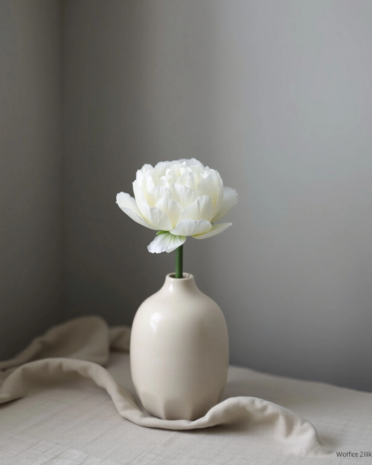 A single white peony bows slightly atop a stout bone-glazed ceramic vase on an oat-linen runner, set against a soft plaster corner. Diffuse north light bathes the petals in cool ivory and casts only the faintest shadow behind. Minimal interior still life, near-monochrome palette, quiet Wabi-sabi serenity.