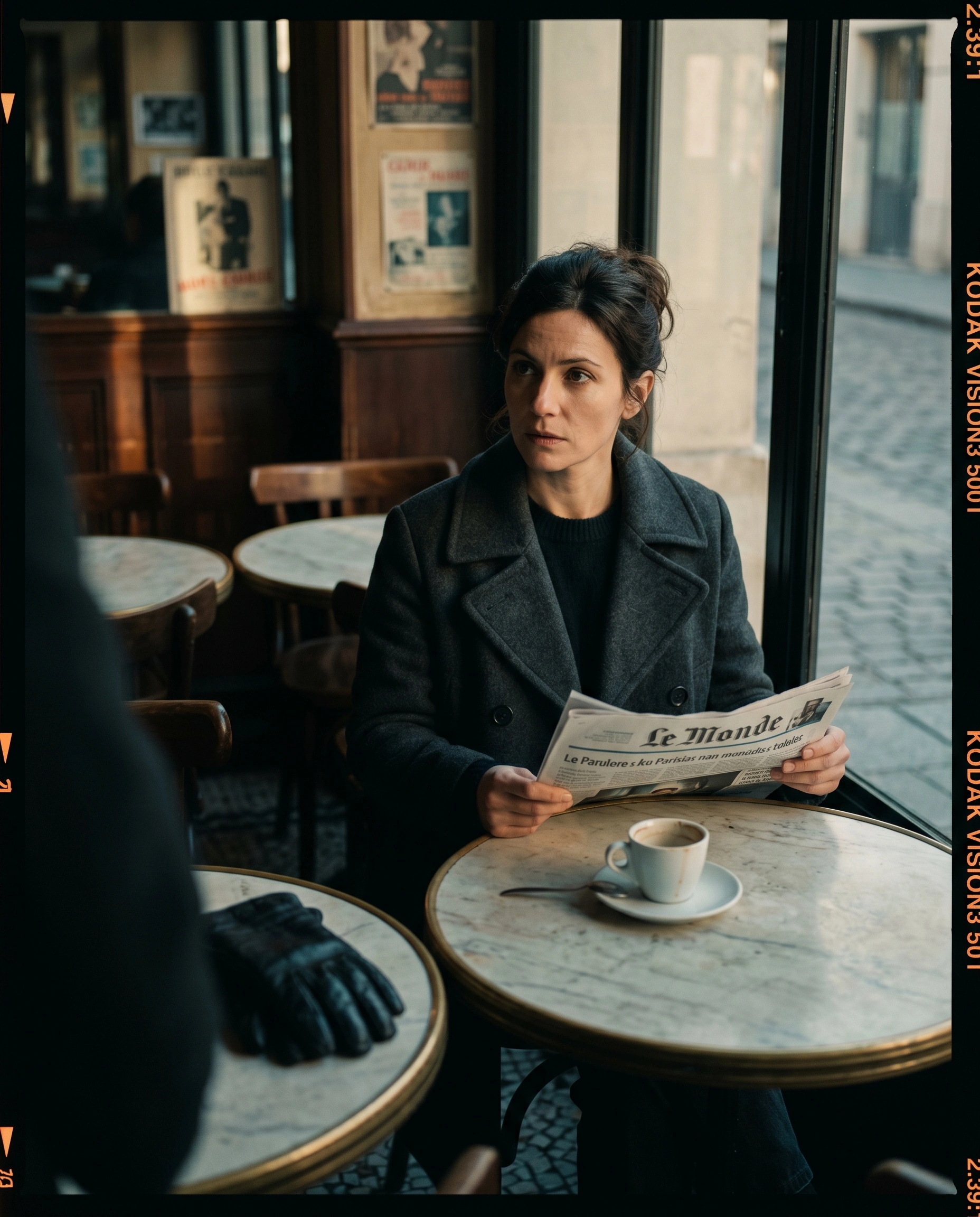 A woman in a charcoal pea coat sits at a round marble bistro table holding a folded Le Monde, an espresso and a black leather glove resting before her, gaze drifting past the camera. Old film posters and cobblestones beyond the window place us in a Parisian cafe. Kodak Vision3 5001 sprocket strip visible, muted blue-grey cinematic tonality.