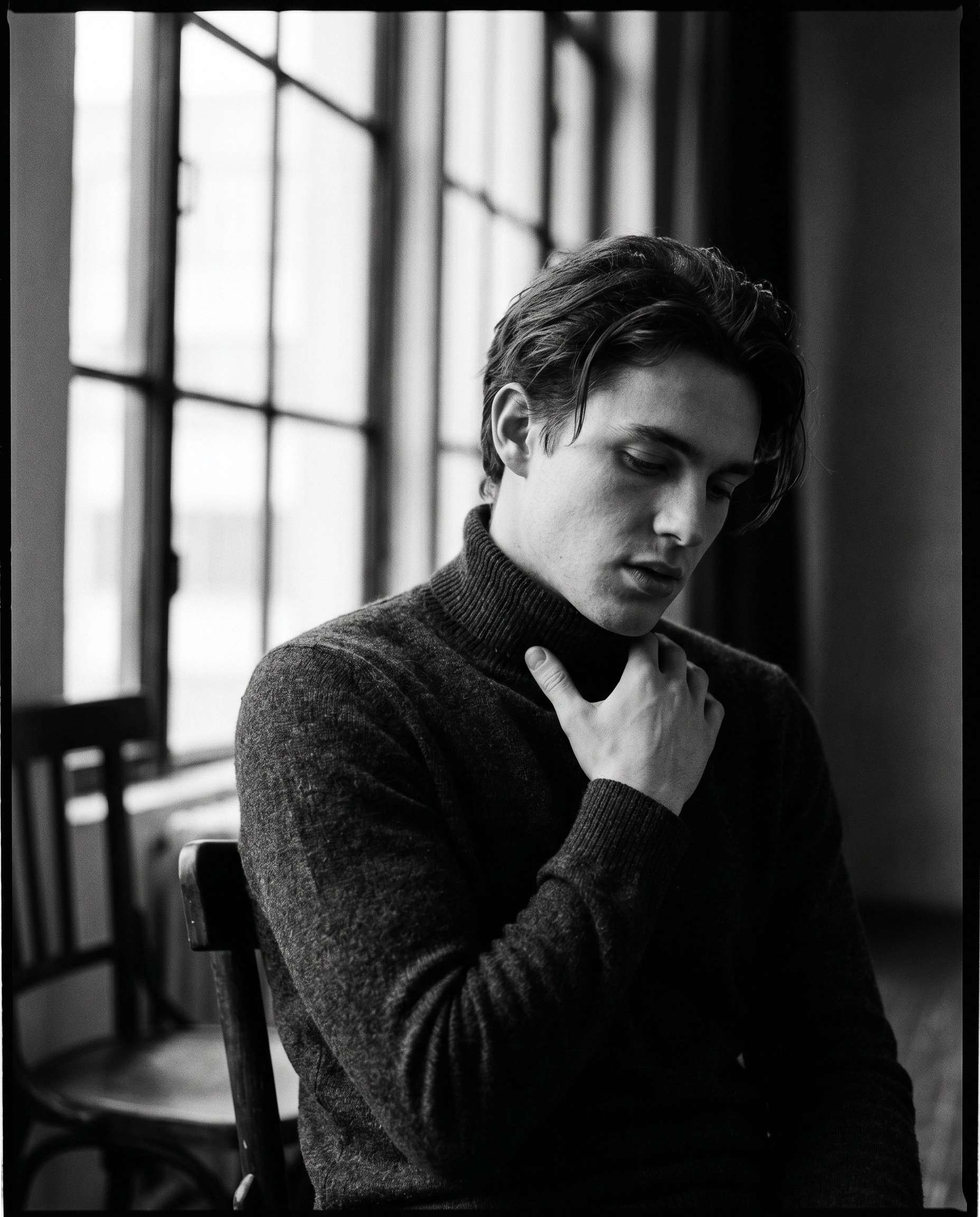 Black-and-white portrait of a young man in a charcoal turtleneck seated against a tall industrial casement window, fingers brought to his collar, eyes lowered. Soft overcast daylight wraps his cheekbone and jaw while the room behind sinks into smoke-grey shadow. Medium-format film grain, contemplative editorial portraiture.