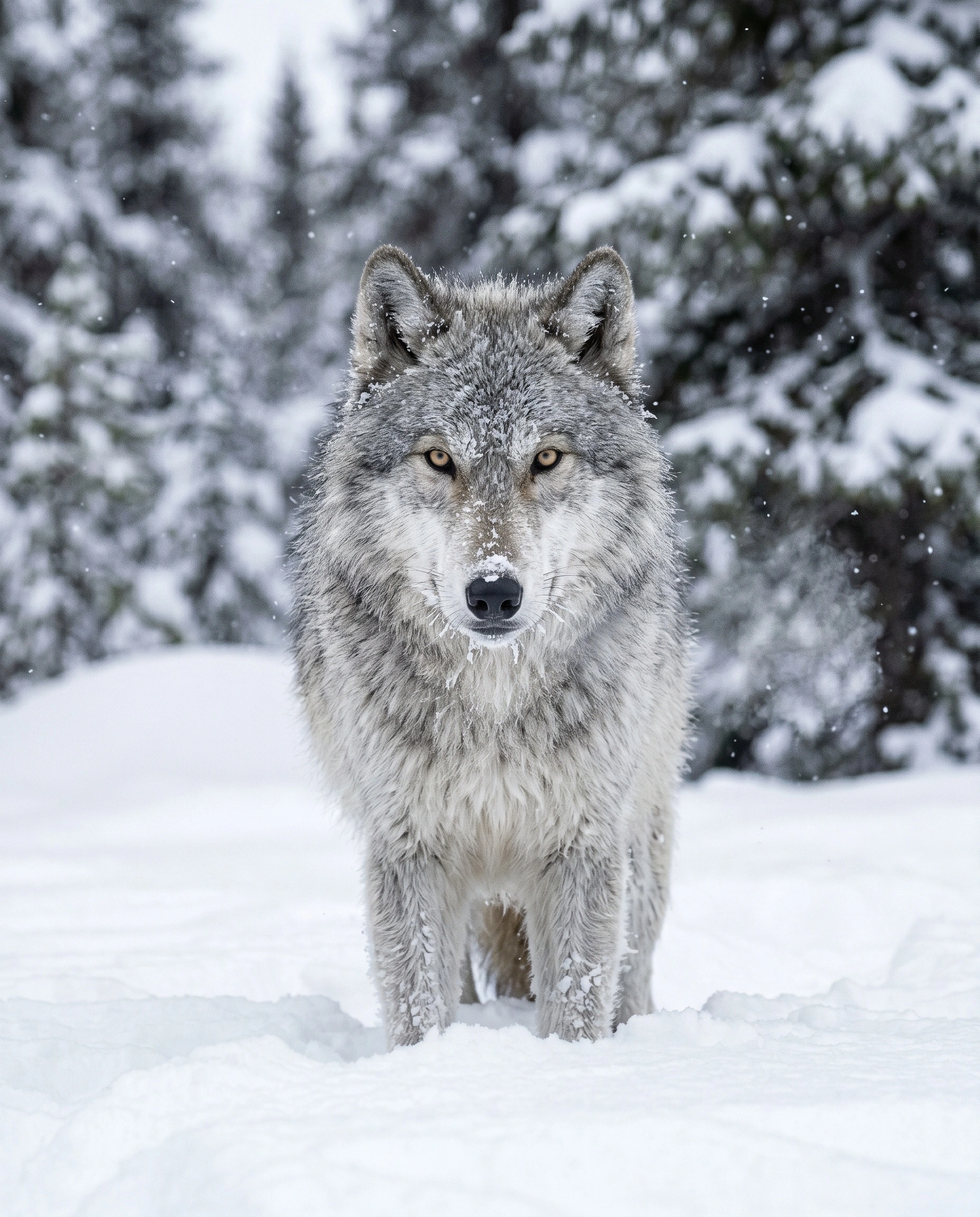A grey wolf stands frontal in untouched powder, frost dusting its silvered muzzle and amber eyes locked into the lens with calm intensity. Snow-laden conifers blur behind in soft pale green, flurries drifting through the frame. Telephoto compression, overcast diffused light, hushed monochrome winter palette.