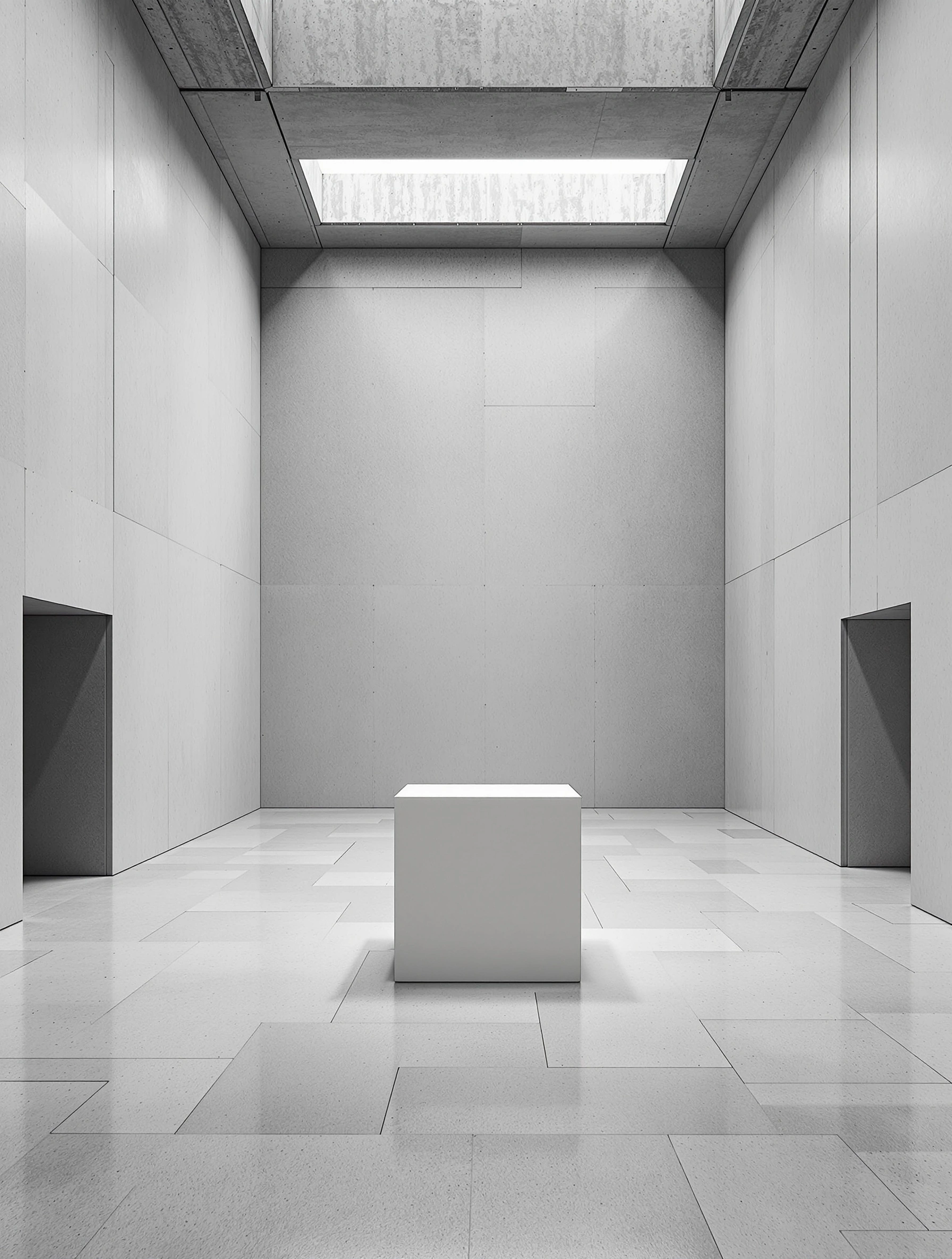 A cavernous brutalist gallery rendered in pale concrete, a single ivory plinth dead center beneath a slot skylight that washes diffused daylight down its face. Symmetrical recessed doorways flank the rear wall, terrazzo floor seams radiating outward. Architectural minimalism, near-monochrome study in scale, silence, and grain.