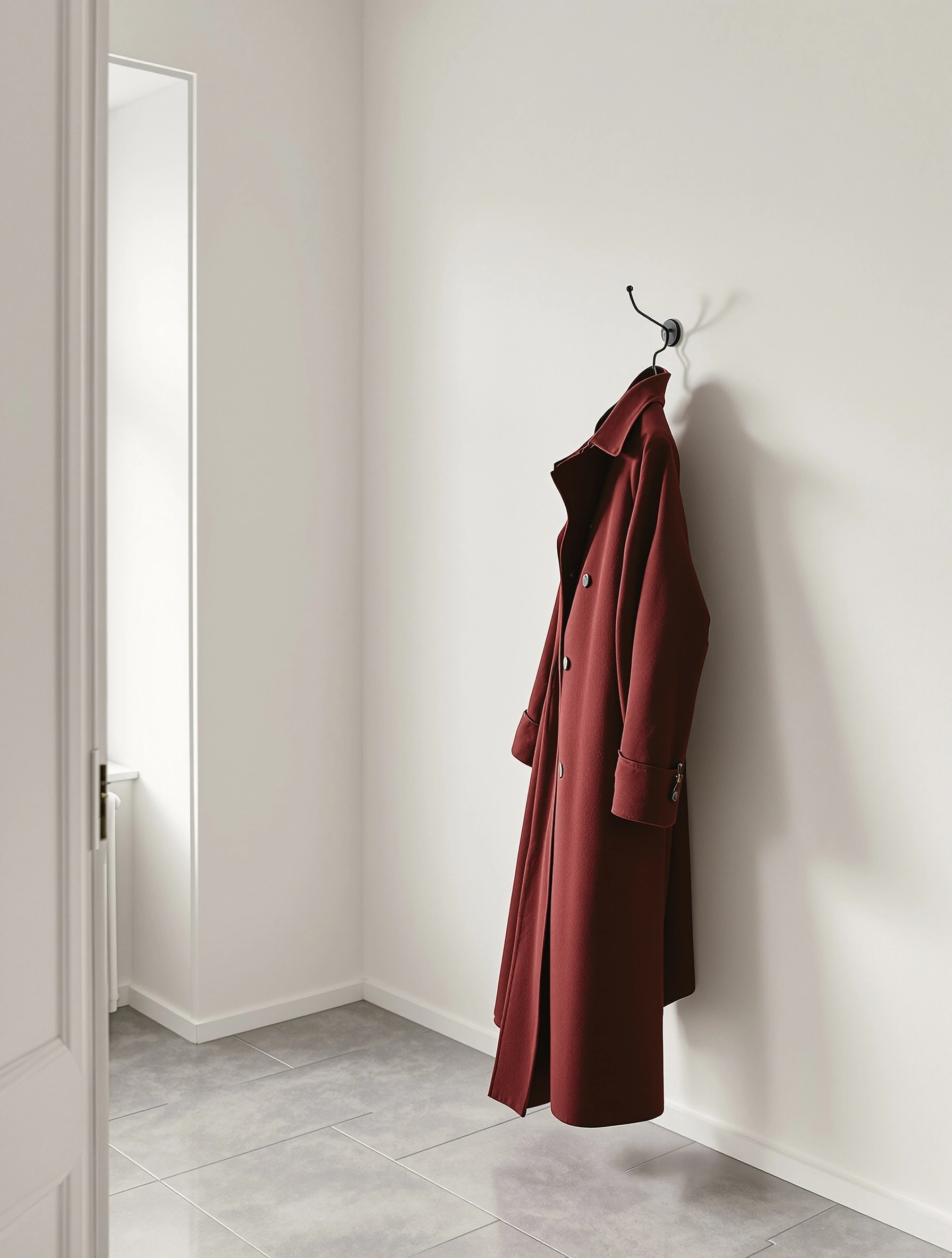 An oxblood wool overcoat with brass buttons hangs from a black iron hook against a bare white wall, its hem falling long to the pale tiled floor. An open doorway at left bleeds in soft daylight. Minimalist Scandinavian editorial, Kinfolk restraint, single object solitude rendered in oat, snow, and dried-blood red.