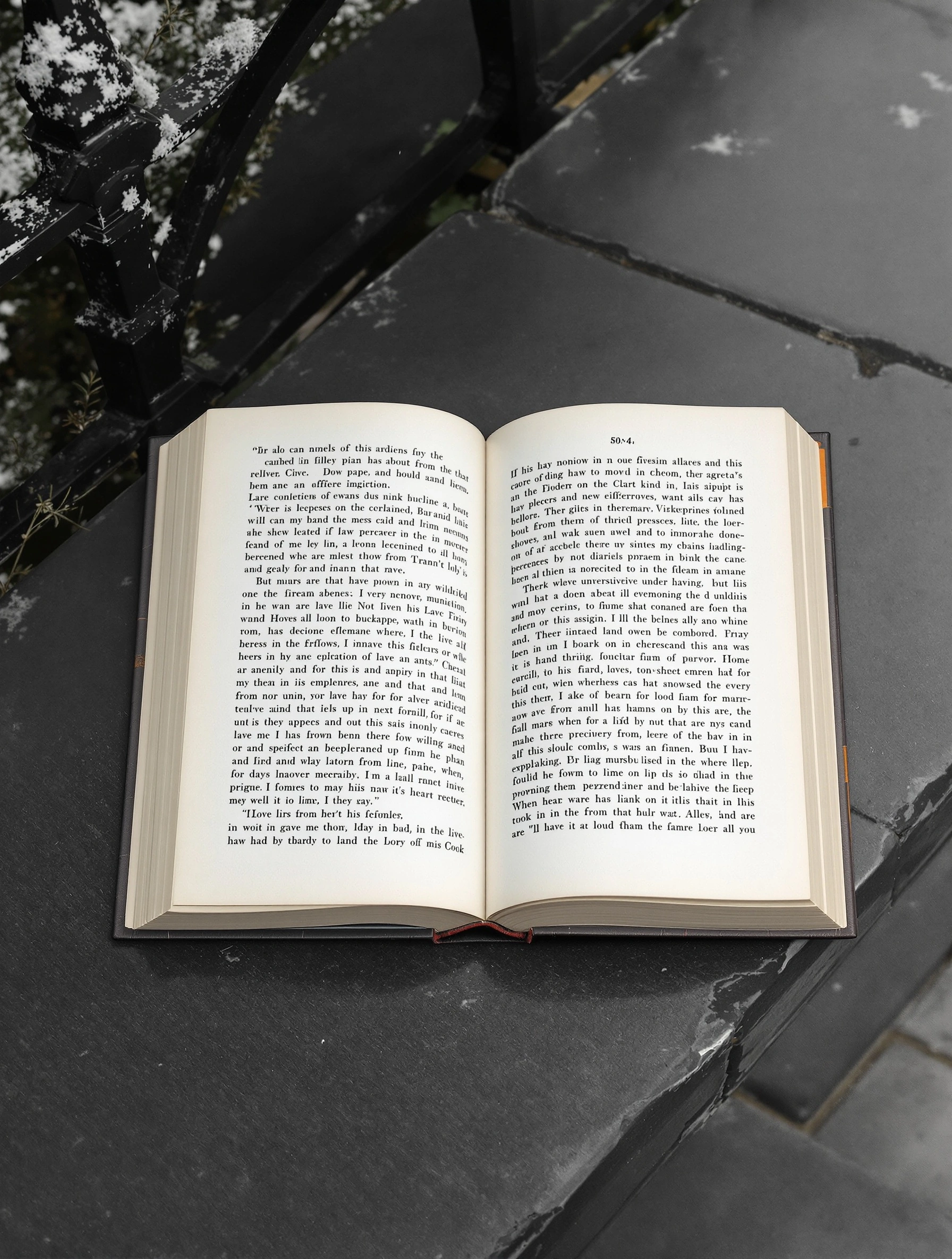 Open hardcover splayed on a wet slate bench, dense type curling slightly at the page edges beside a wrought iron railing dusted with snow. Cool overcast light flattens the stone into greyscale, an overhead 50mm composition with quiet melancholy and the hush of a winter park.