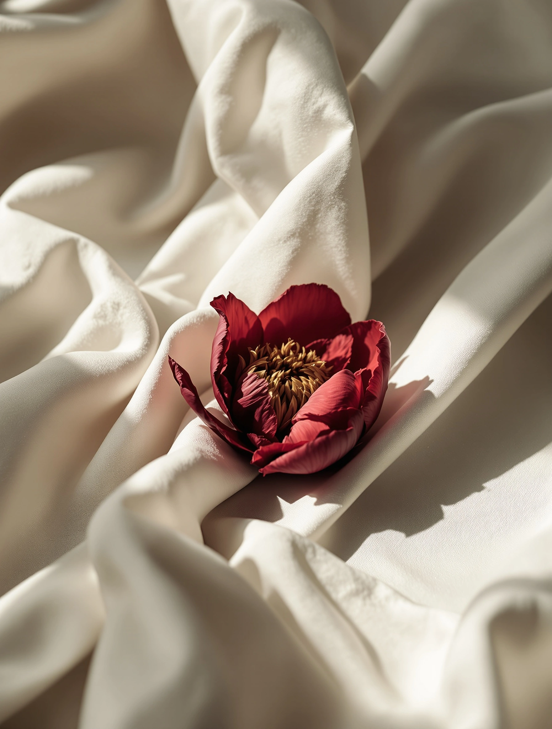 A blown crimson peony nestles in the valley of crumpled bone-white silk, its deep wine petals curling open around a tousled gold stamen core. Raking window light carves chiaroscuro folds across the fabric, casting long soft shadows. Medium-format stillness, romantic Dutch-master mood, painterly cream and oxblood palette.