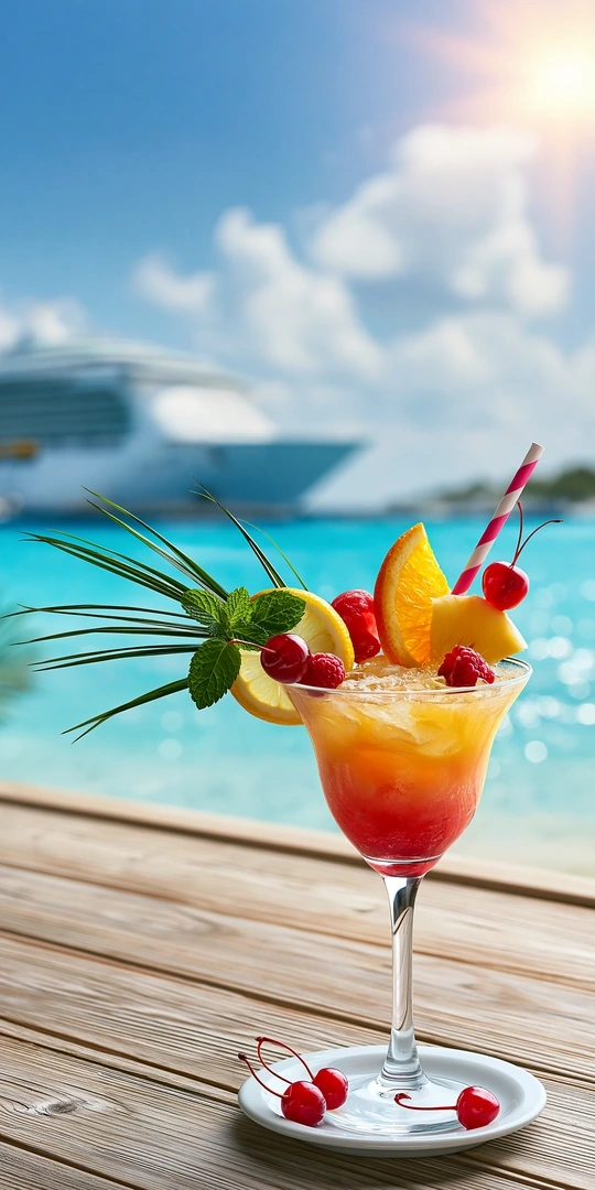 A sunrise-gradient cocktail in a tall coupe with orange wedge, lemon slice, mint, and skewered cherries sits on a weathered wooden deck, a striped pink straw angled out. Behind, a turquoise lagoon and a soft-focused white cruise ship under a bright cumulus sky. Lush product-photography sparkle.