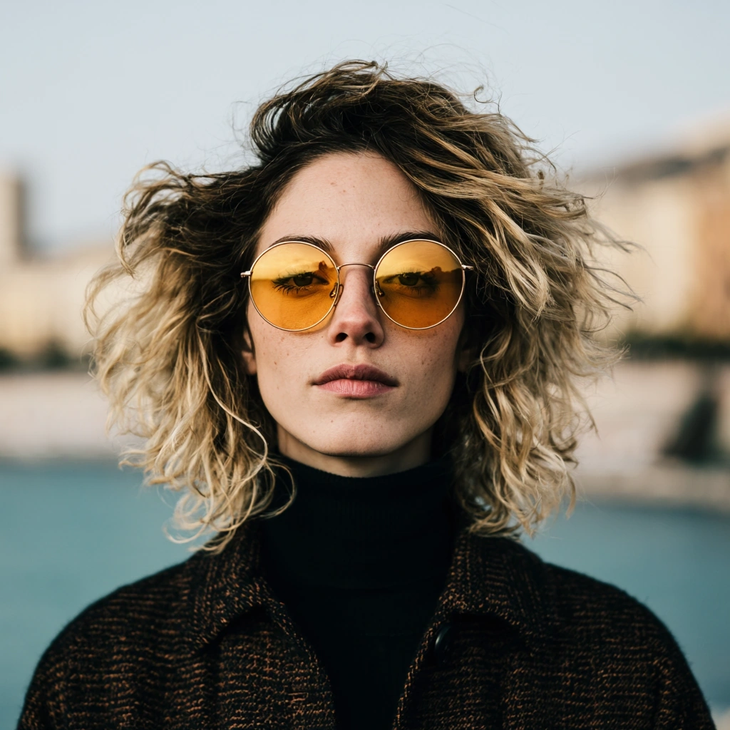 A young woman with messy ombre curls and freckles in a black turtleneck and tweed overcoat, round amber-tinted sunglasses reflecting a pale waterfront. Stone buildings and harbor blur into bokeh behind her, soft overcast light. Candid street-style portrait, refined Italian editorial cool.