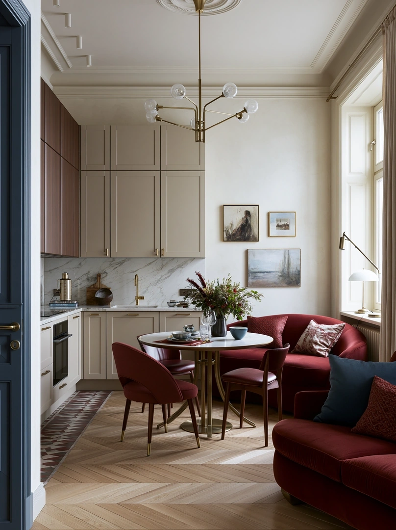 Petite open-plan kitchen and dining nook with putty-toned cabinetry, marble splashback, and a brass globe chandelier. A round white dining table sits between burgundy velvet chairs and a matching curved sofa, gallery art above and herringbone oak underfoot. Refined European interior, jewel-tone warmth.