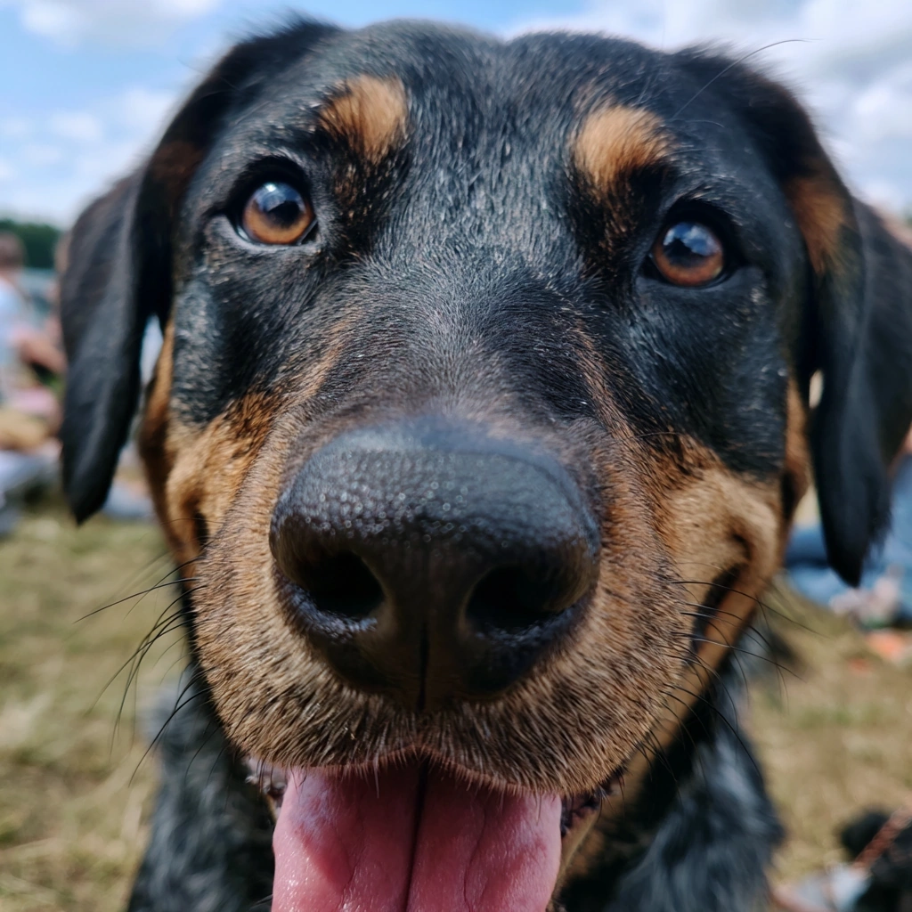 Wide-angle phone shot of a black and tan hound pressing its wet nose almost against the lens, tongue lolling out in a sun-soaked grin. Bright noon meadow stretches behind with blurred picnicking figures and patchy clouds. Goofy, candid energy, fisheye-style distortion.