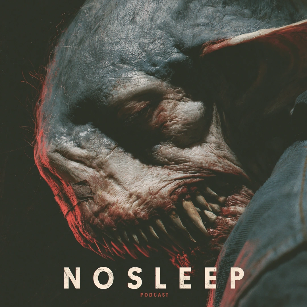 A monstrous humanoid head in profile with bare skull-like flesh, eyeless socket, and a long row of jagged blood-stained teeth, rim-lit by a low red glow against pitch black. Bold sans-serif NOSLEEP wordmark beneath. Hyperdetailed creature design, horror podcast cover palette of bone gray and arterial crimson.