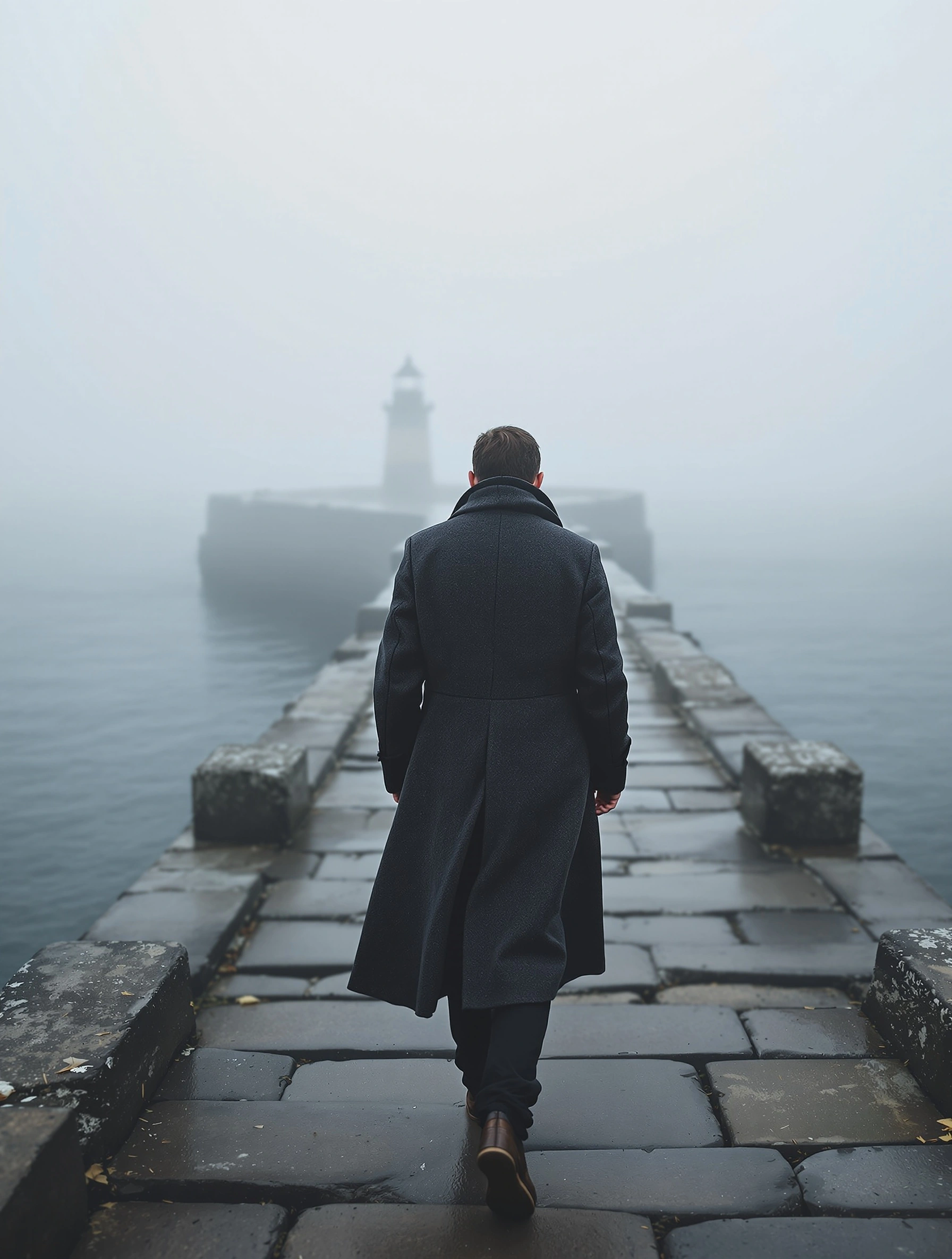 A man in a charcoal wool overcoat walks away down a wet cobblestone jetty toward a barely visible lighthouse swallowed by thick maritime fog. Cool desaturated grays dominate, slate stones glistening underfoot, the sea flat and ghostly. Quiet, melancholic 35mm framing with painterly atmosphere.