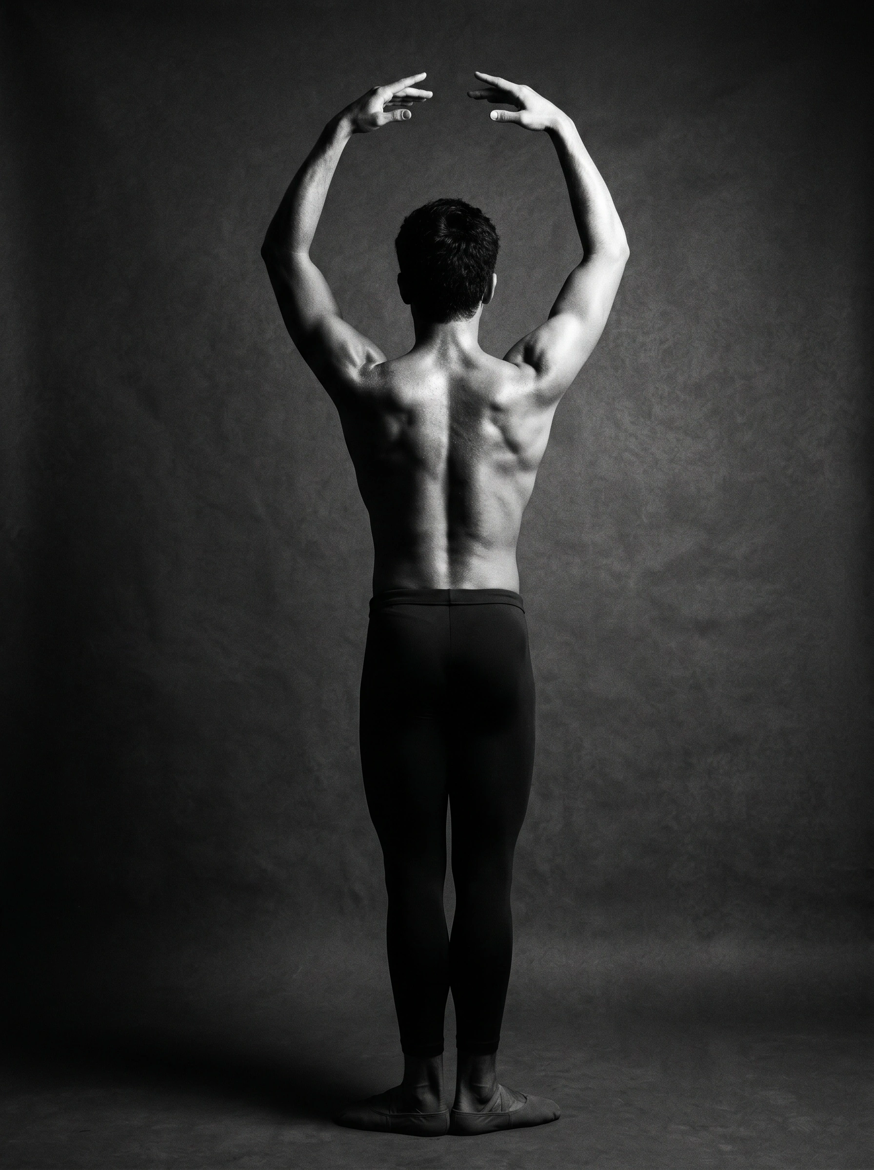 Shot from behind, a shirtless male dancer holds fifth position, arms curved above his head in a delicate frame, lats and rhomboids carved by raking studio light. Black tights fall to pointed feet on a textured grey backdrop. Monochrome with subtle warmth in the shadows, classical proportion and theatrical stillness rendered in fine medium-format detail.
