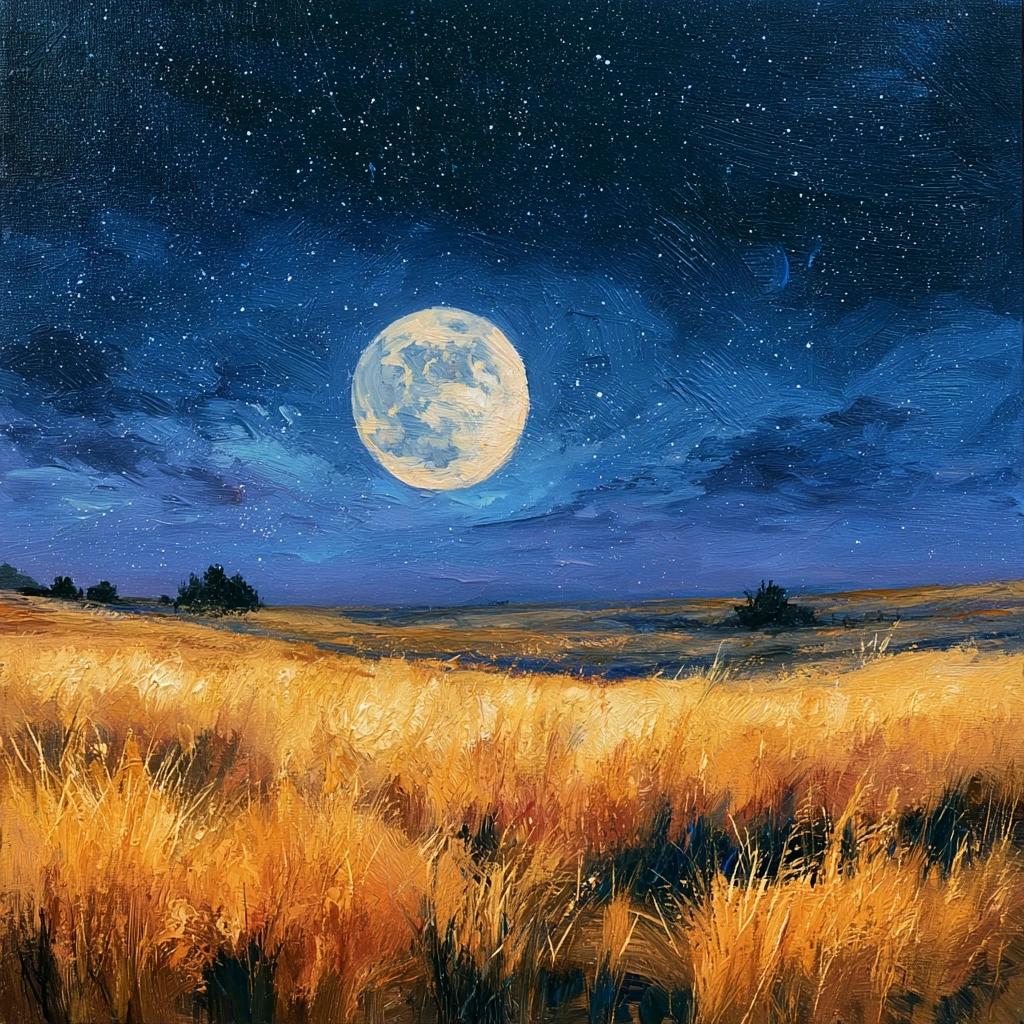 Painted prairie at night with a heavy gold moon climbing into a starry indigo sky, wispy clouds streaking past. Tawny grasses sweep across the foreground, distant scrub silhouetted on the horizon. Visible impasto brushstrokes, Van Gogh-adjacent texture and saturation.