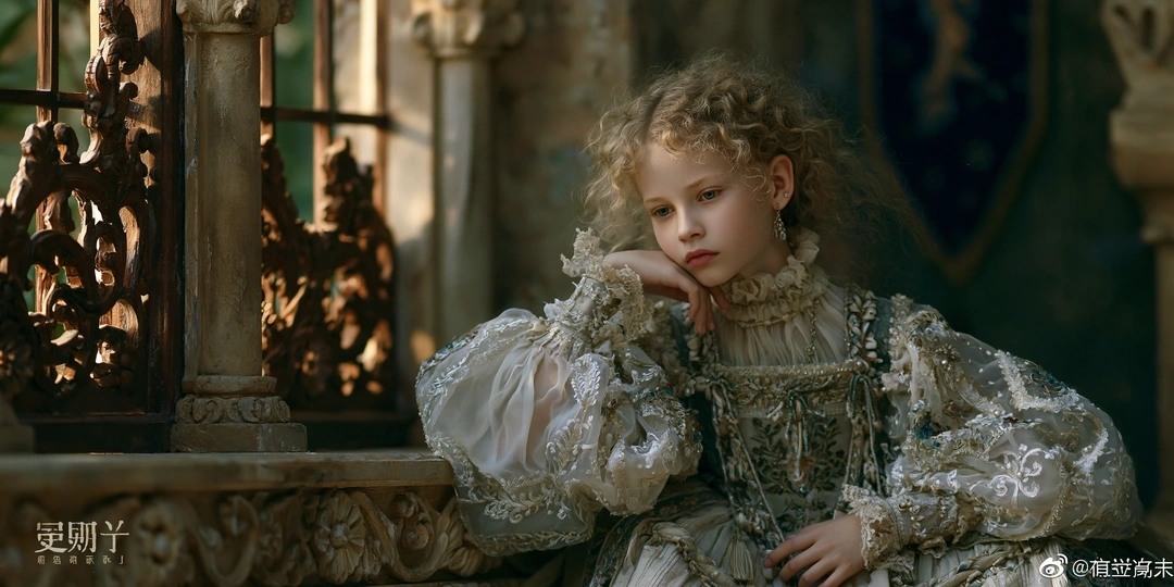 Young girl with loose blonde ringlets resting her chin on her hand, dressed in an ivory and sage Renaissance-style gown with pearl embroidery and lace puffed sleeves. She leans against a weathered carved stone balustrade, daylight diffused through stained glass behind. Painterly Old Master palette of cream, moss, and dusk.