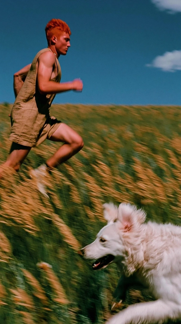 Red-haired young man in olive tank and shorts mid-stride beside a sprinting white shepherd dog through a wheat field, motion blur smearing the grain stalks into amber streaks. Cobalt summer sky overhead, Ektar 100 saturation and grain, kinetic profile composition with sunlit Americana joy.