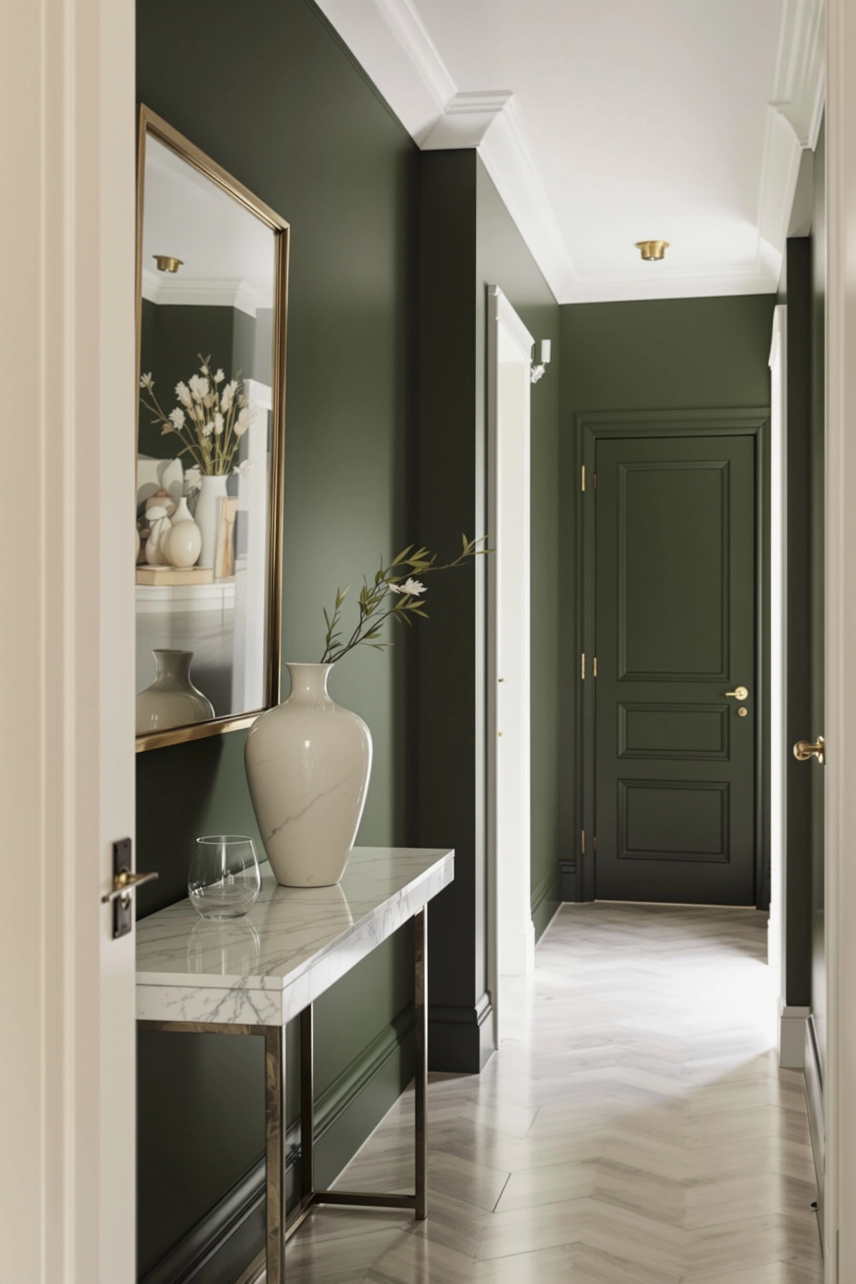 A narrow corridor in deep forest green leads to a panelled olive door, herringbone parquet stretching toward it. A slim marble console holds an oversize bone ceramic vase with a single white-flowered branch, mirrored in a brass-framed glass above. Interior-magazine staging, 35mm, soft mid-afternoon ambient light.