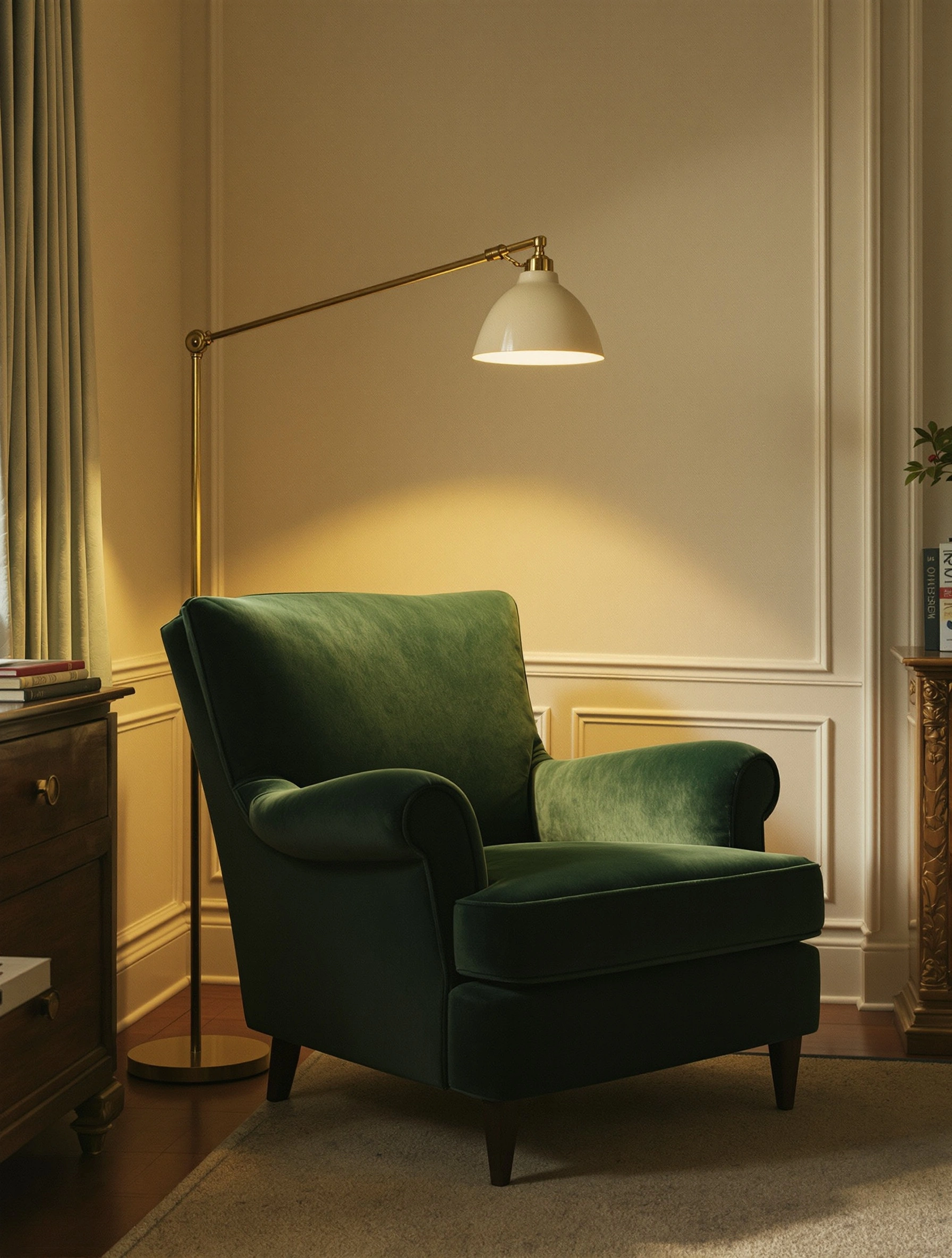 Emerald velvet armchair anchoring a panelled study, an arching brass floor lamp with porcelain shade pouring warm 2700K light across the pile. Wainscoting and a small wooden chest sit in soft shadow, the pile of velvet shifting from pine to moss, hushed editorial interior mood.