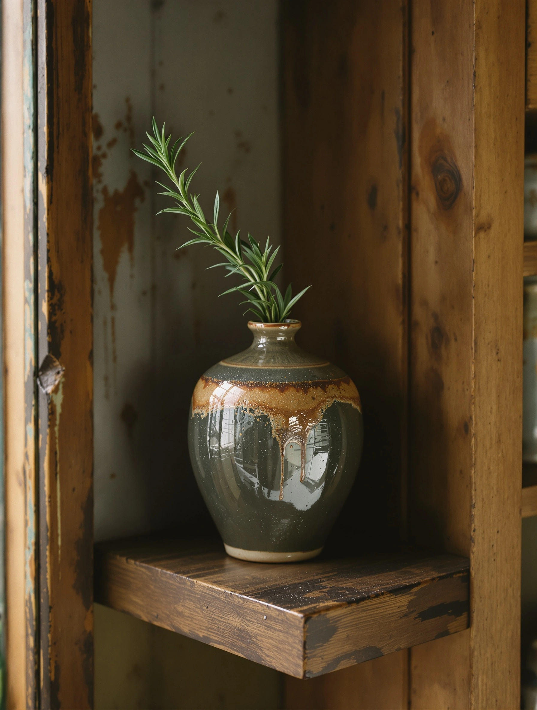 A glossy olive-and-cream glazed jar holds a slender rosemary sprig on a battered oak ledge inside a peeling pine cupboard. The reflective glaze mirrors the warm wood tones while drips of slip pool around the shoulder. Earthy farmhouse still life, textured wabi tones, slow afternoon light.