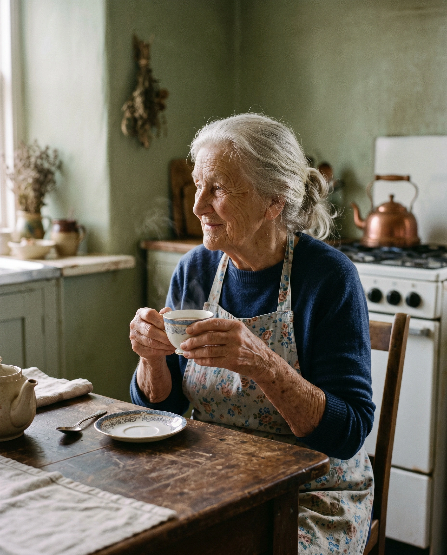An elderly woman with silver hair, a navy sweater and a floral pinafore cradles a steaming teacup at a scarred wooden table, gazing softly out a left-side window. Behind her a sage-green farmhouse kitchen holds a copper kettle on an enamel stove and dried herbs on the wall. Tender environmental portrait, Portra 400 warmth, 50mm naturalism.