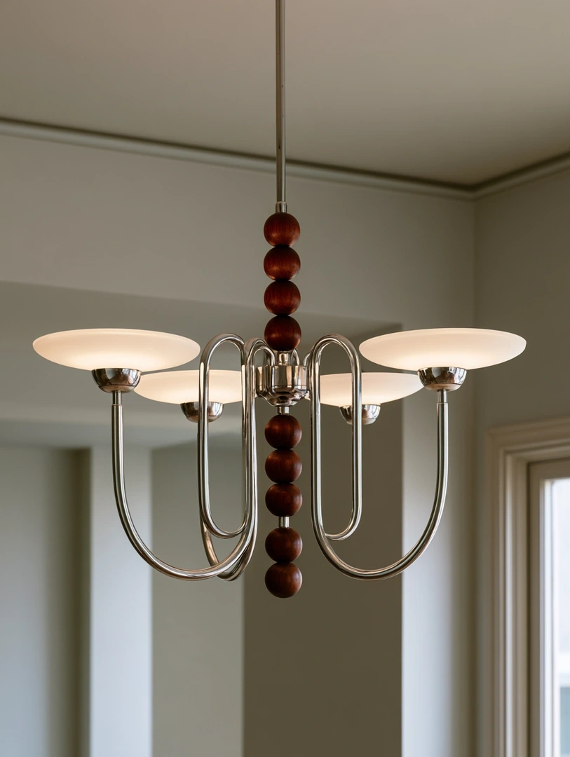 A mid-century modern chandelier descends into a soft greige room, polished chrome tubular arms looping outward beneath four upturned milk-glass saucer shades, a vertical column of stacked mahogany spheres threading the central stem. Crown molding and a glimpsed window edge frame the fixture. Refined interior catalog clarity.