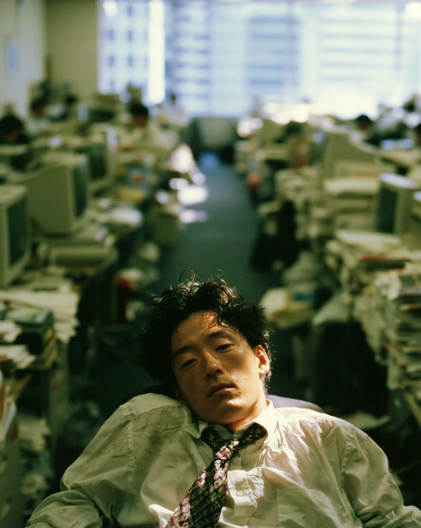 An exhausted young salaryman slumps over a desk in a 1990s Tokyo office, white shirt rumpled, patterned tie askew, a long aisle of CRT monitors and paper stacks receding behind him under fluorescent daylight. Saturated Fuji-film colors, claustrophobic depth, candid corporate fatigue.
