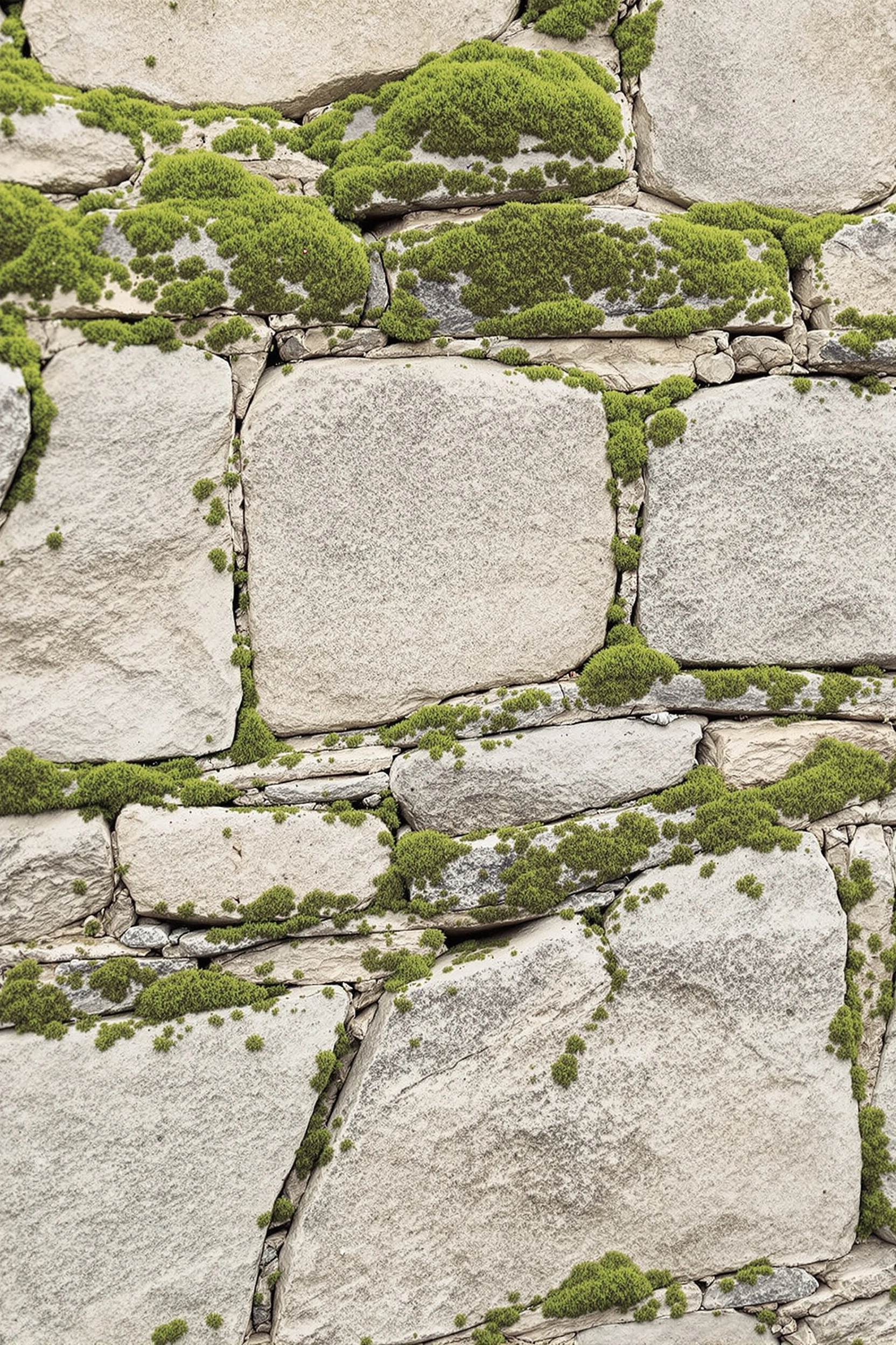 A dry-stone wall of pale limestone blocks fitted in irregular jigsaw seams, every joint stitched with cushions of vivid emerald moss. Flat overcast light flattens shadow and lifts the saturation of the lichen. Texture-led composition, granite cream against deep olive, 50mm at f/8 detail.