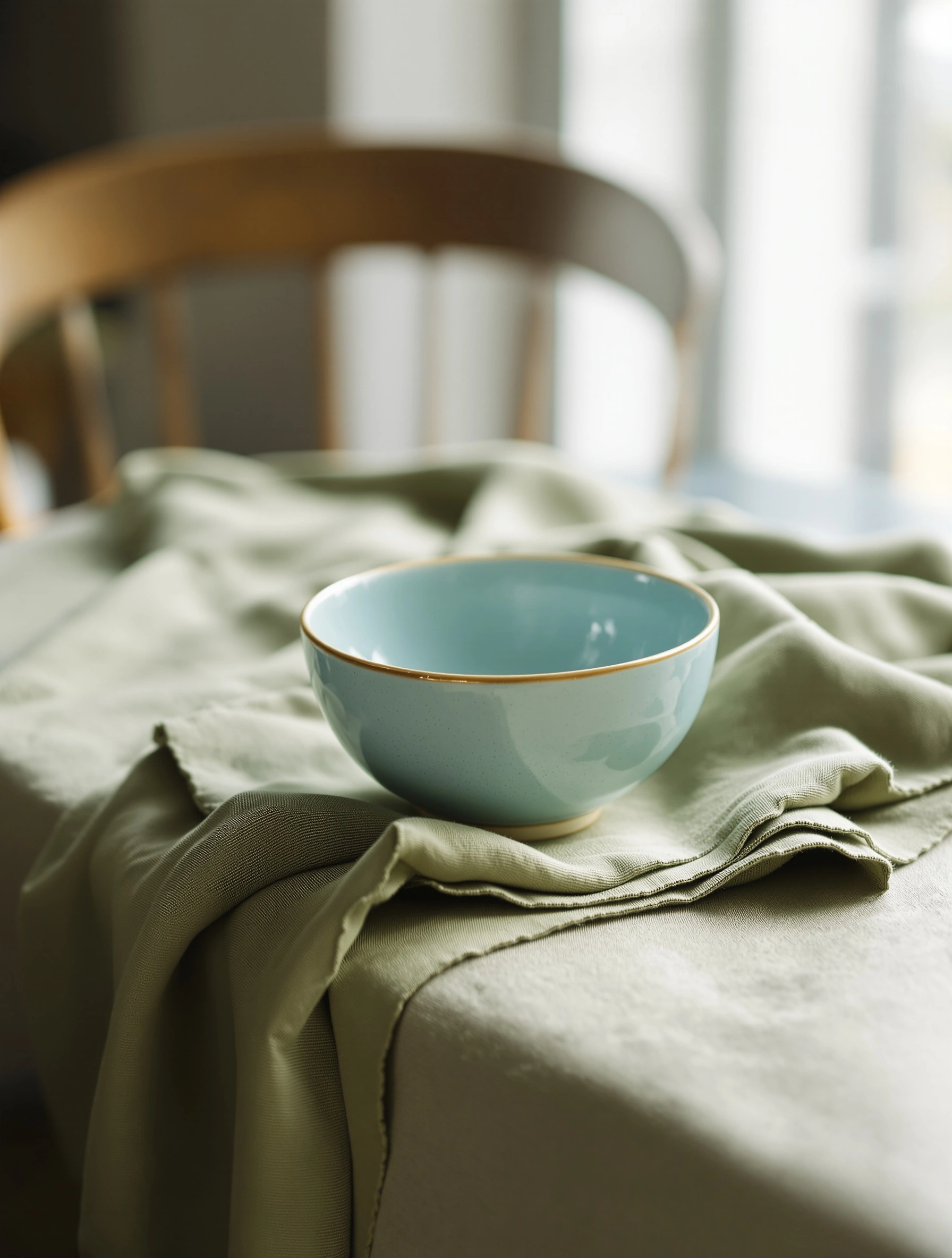 Pale teal ceramic bowl with gilded rim resting on a rumpled sage linen runner, a bentwood chair softly defocused behind. North-facing window light wraps the porcelain in cool gradients, vertical medium format frame with shallow depth and quiet, almost Vermeer-like restraint.