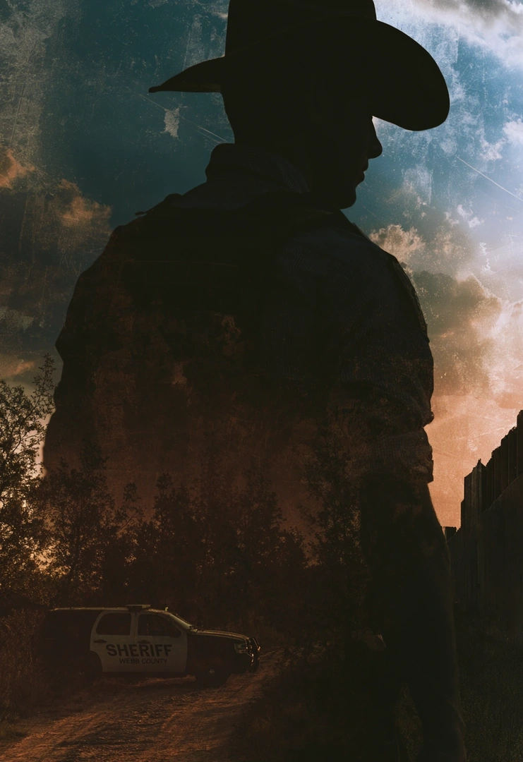 Silhouetted sheriff in a broad cowboy hat looms toward the lens, head tilted in profile. Behind him a dirt road, scrubby trees, and a county cruiser sit under a bruised orange sunset sky scratched with grain and emulsion damage. Neo-Western poster grit, double-exposed atmosphere.