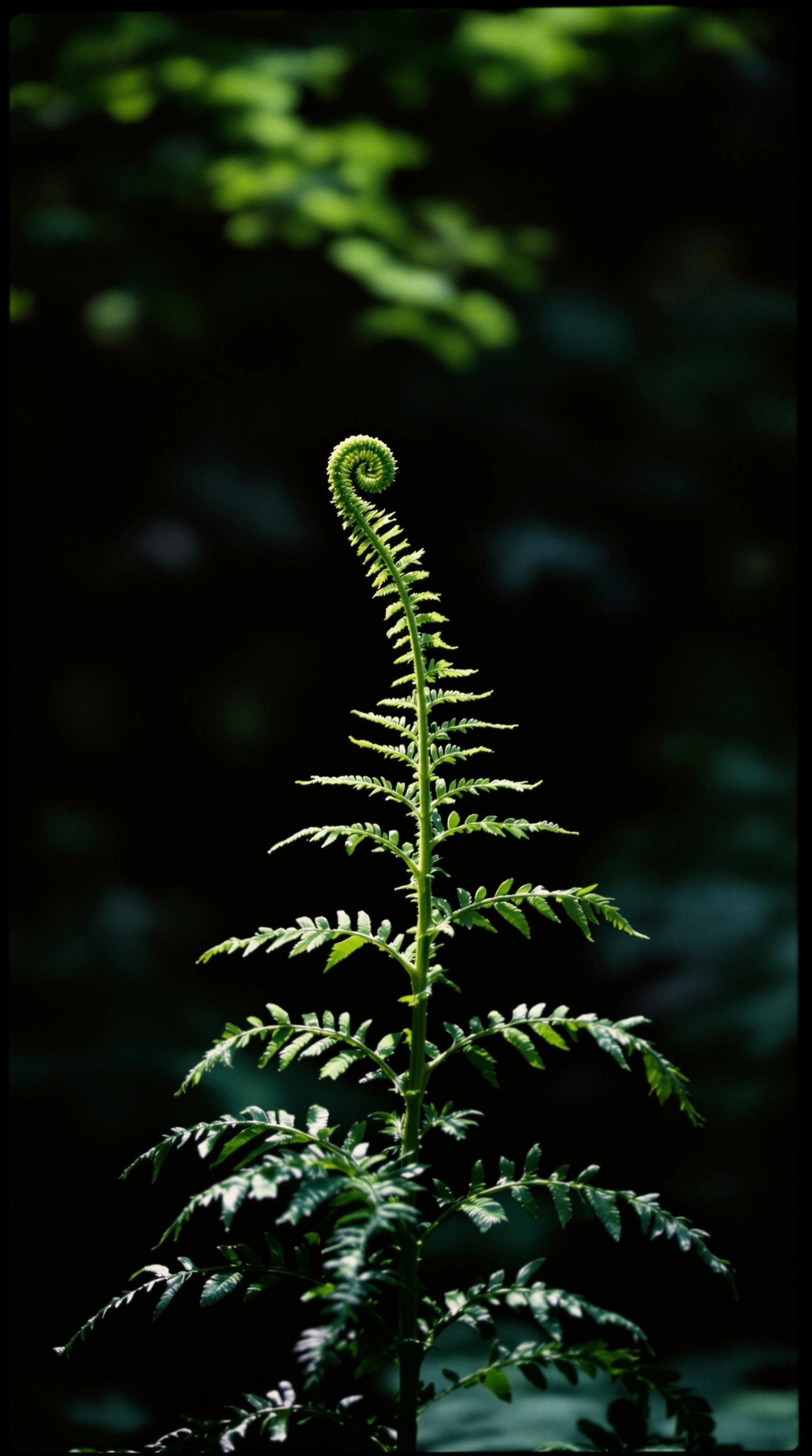 A young fern frond stands erect against a deep emerald forest shadow, its tip still coiled in a tight crozier spiral above neatly arrayed pinnae. Dappled morning sun spotlights the lime-green blades while everything around dissolves into ink. Vertical macro framing, hushed woodland chiaroscuro.