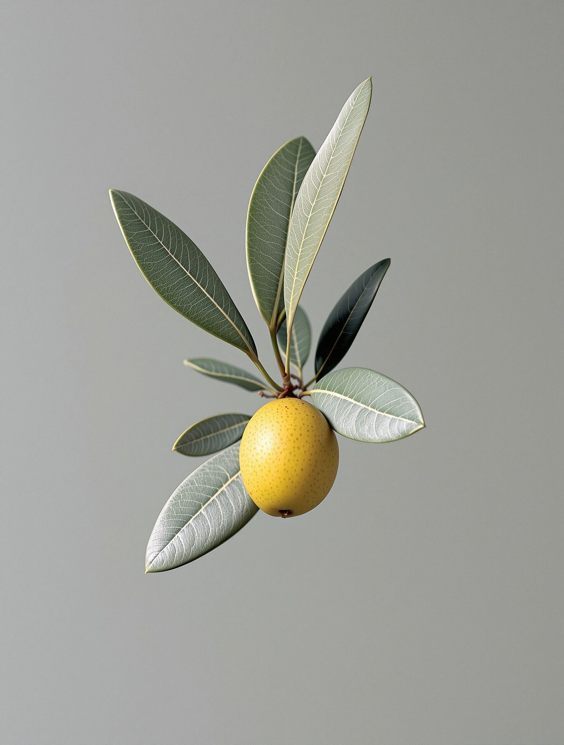 A slender olive sprig suspended against a flat dove-grey field, silvery undersides of the leaves curling outward as a single yellow-green drupe hangs at center. Even overcast light renders every vein and pore, painterly and botanical. Minimalist still life with a clean editorial restraint, large-format clarity.