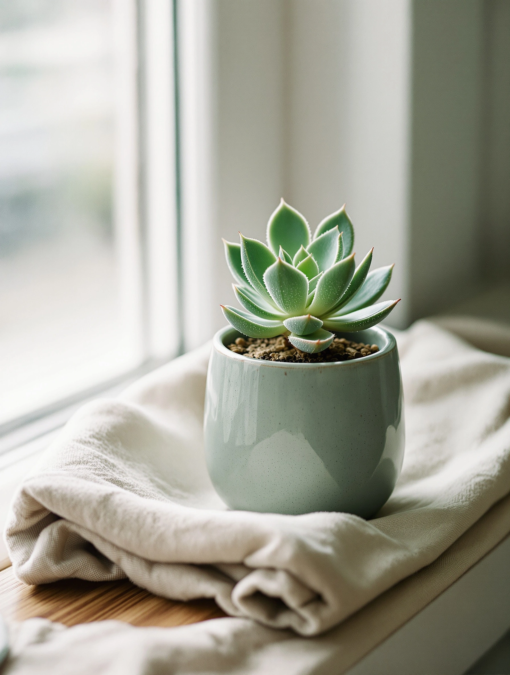A neat rosette succulent with sage-green leaves tipped in faint coral sits in a glossy celadon ceramic pot, resting on a crumpled oat linen cloth at a sun-washed windowsill. Hazy white daylight floods from the left, softening every edge. Airy minimal interior still life, pastel palette, slow-living editorial mood.