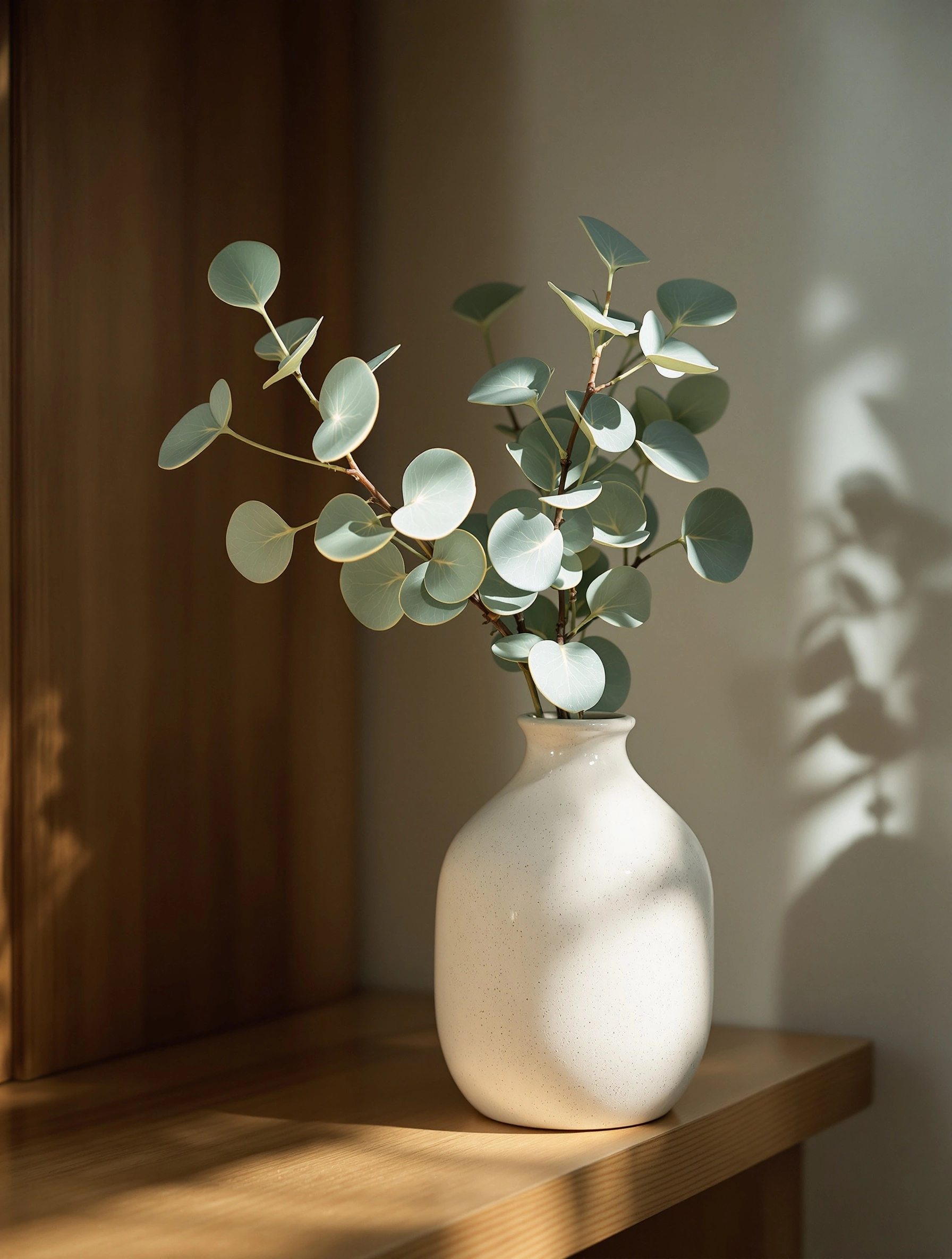 A speckled bone-ceramic bottle vase holds a spray of round silver-dollar eucalyptus on an oak shelf, leaf shadows etched crisply across the cream wall behind. Warm grain of timber meets the cool sage of foliage. Soft directional window light, minimalist Japandi still life, 80mm intimate compression.