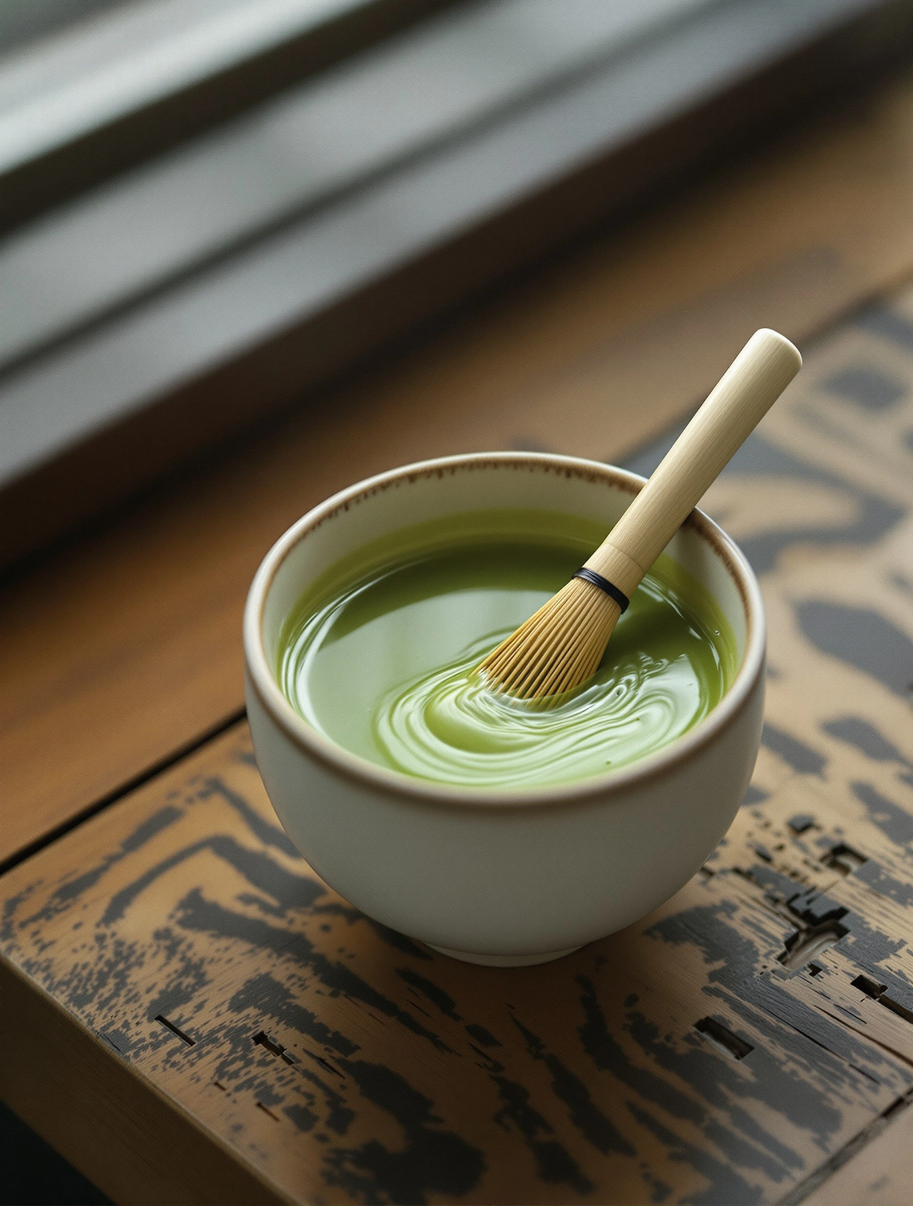 A cream chawan brimming with whisked matcha, a bamboo chasen propped against its rim, foam swirling at the surface. The bowl sits on a paint-flaked indigo-stained wooden table beside a slatted window. Pistachio and weathered cobalt palette, soft north light, quiet ceremonial intimacy.