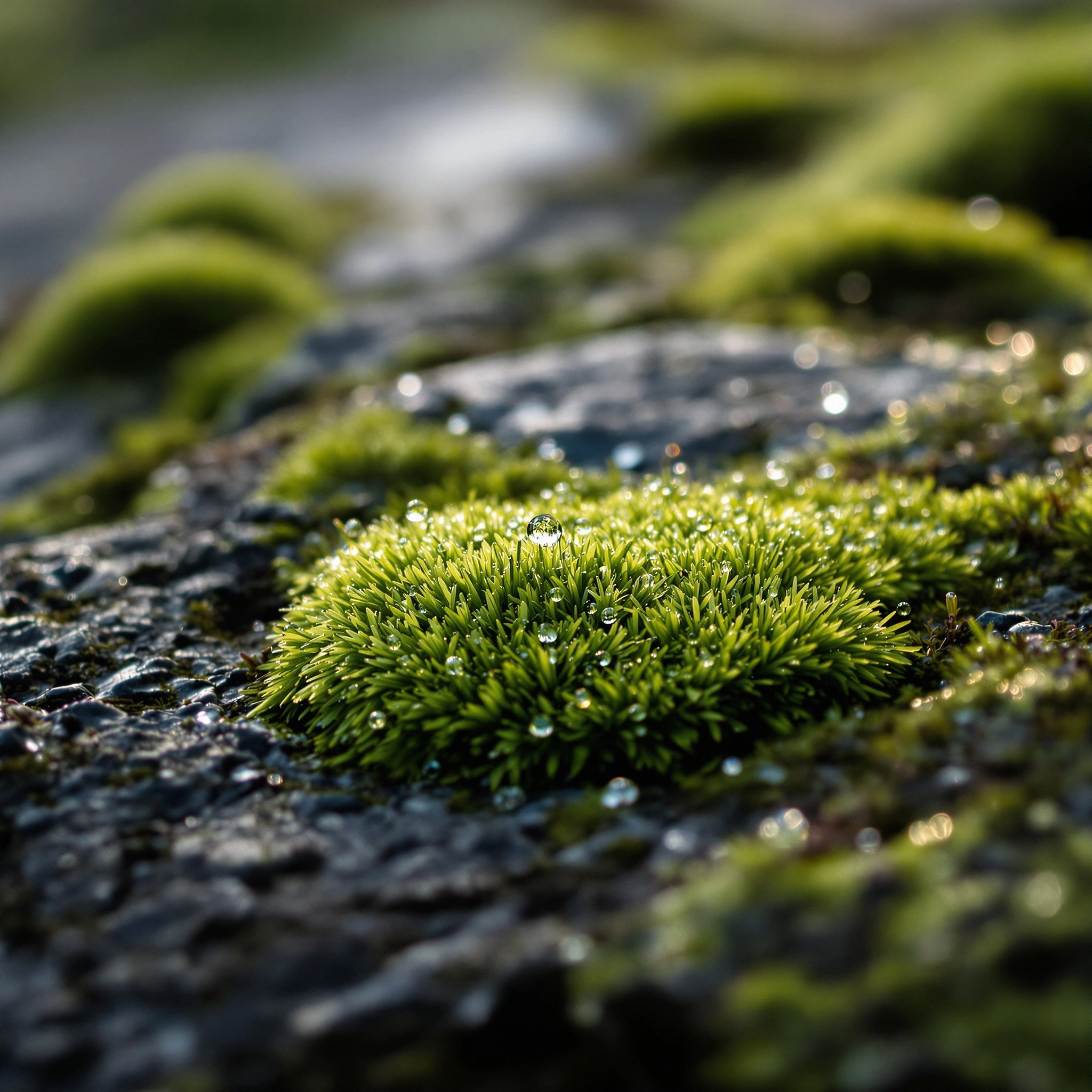 A bright cushion of emerald moss clings to dark wet stone, each tiny frond beaded with crystalline dew and a fat mercury droplet held at its crown. Low morning sun ignites the droplets into pinpricks of bokeh across a slate-grey background. Extreme macro, 90mm at f/2.8, woodland-floor stillness.