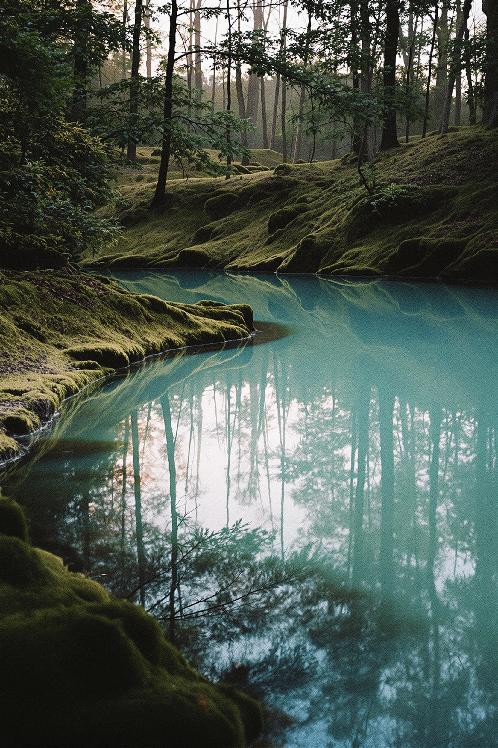 Mist-blue pond cupped by mossy banks deep in a quiet forest, slim tree trunks mirrored cleanly on the milky turquoise surface. Dawn light filters through the canopy, lifting jade highlights from the moss. Painterly stillness, olive and aqua palette, 35mm film softness.