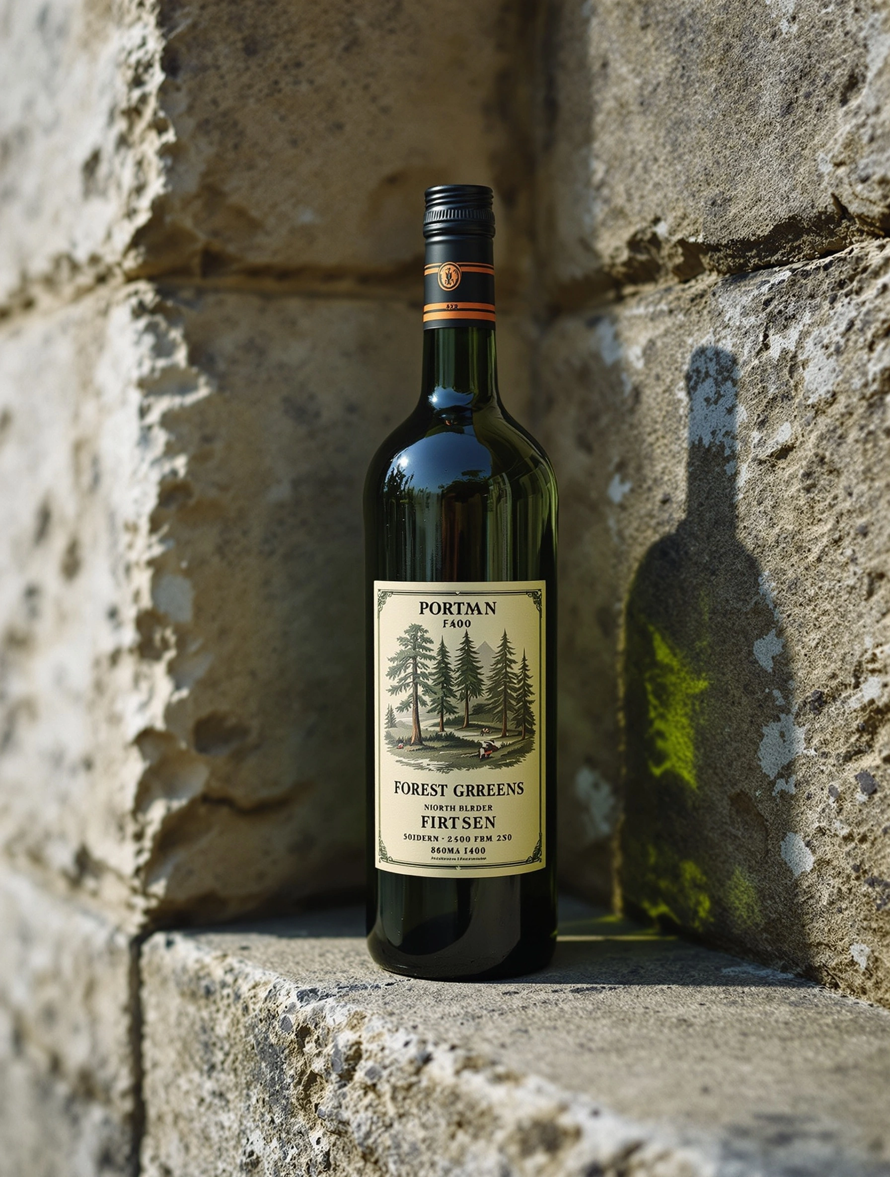 Forest-green wine bottle wedged into a niche of weathered limestone blocks, its illustrated Portman label catching warm afternoon side light. Lichen and chalky residue streak the stones, the bottle casting a hard sculptural shadow, 80mm still life with rustic European wine country gravitas.