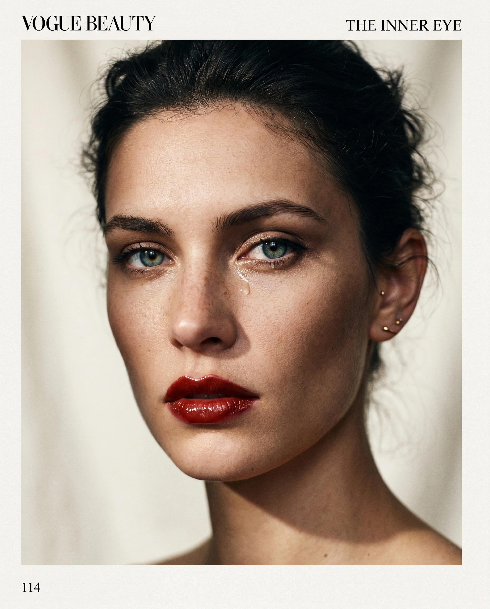 Editorial beauty close-up of a dark-haired woman with glossy oxblood lips and a single tear sliding down one freckled cheek, set against a creamy paper backdrop with the printed header VOGUE BEAUty above. Even soft frontal light flatters the contoured cheekbones and gold ear studs. Muted putty tones with a saturated burgundy mouth, magazine-page composition.
