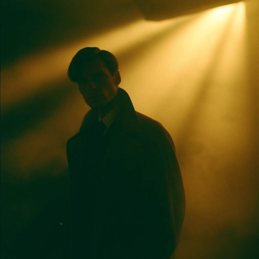 Man in a dark trench coat standing in a smoky interior as slanted shafts of sodium-yellow light cut down from a hidden source above. His face emerges half-lit from the haze, expression wary. 35mm film still, mustard and umber palette, espionage thriller mood.