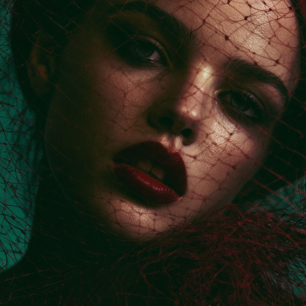 Tight beauty close-up of a woman's face veiled by a fine fishnet net, oxblood lips parted, dark eyeliner, a russet feathered collar at her throat. Hard side light carves cheekbones, teal shadows bleeding into the background. Glossy high-fashion editorial intensity, saturated Vogue-Italia palette.