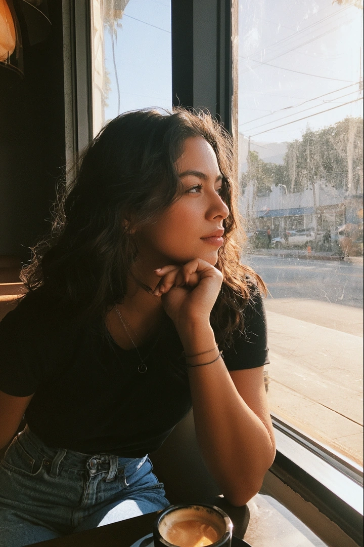 Profile of a young woman in a black tee and high-waisted jeans, chin resting on her hand as she gazes through a sunlit cafe window. Outside, palms and parked cars sit under hazy gold afternoon light, a cappuccino on the counter in foreground. 35mm film grain, nostalgic amber glow.