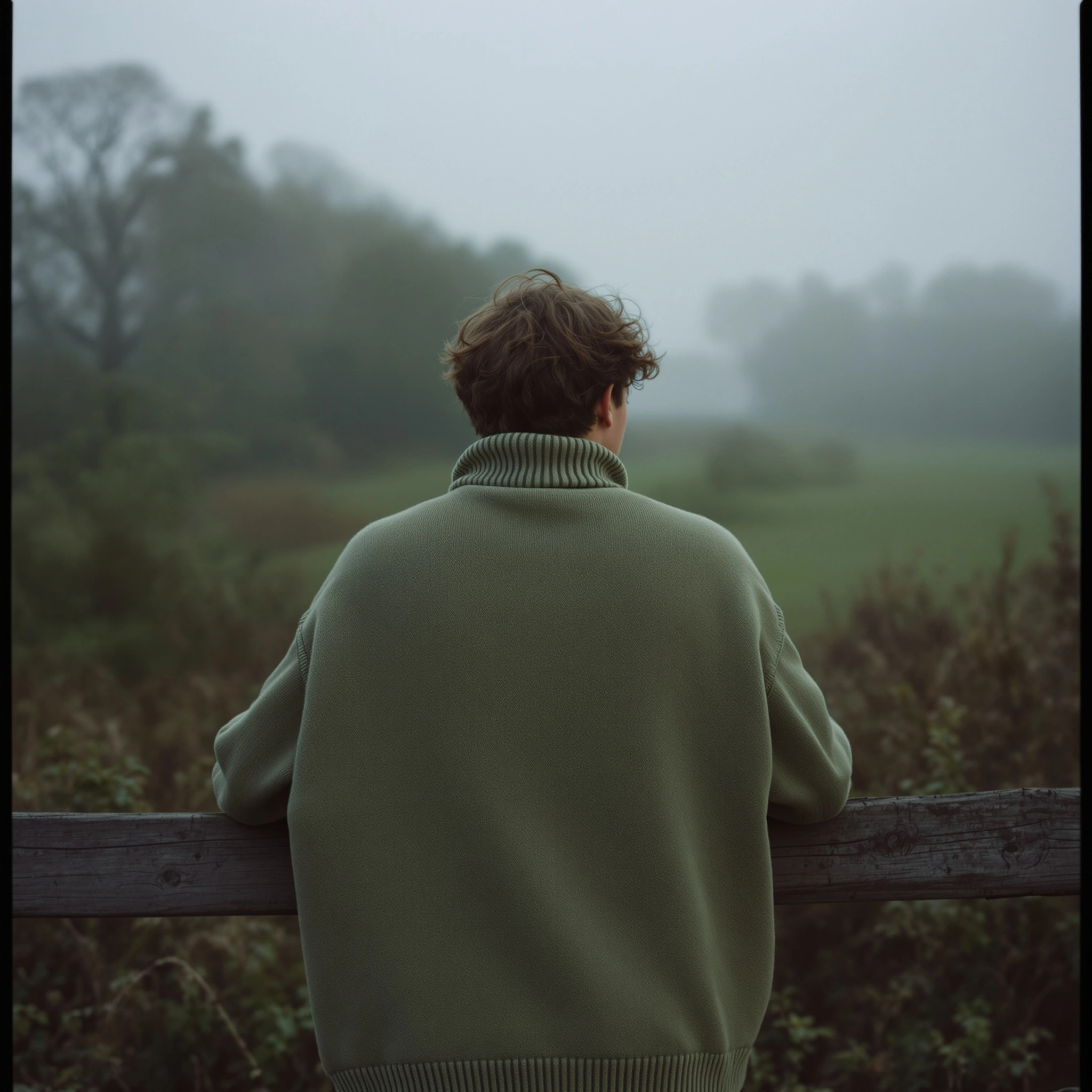 From behind, a young person in an oversized olive wool turtleneck leans on a weathered oak rail, gaze across mist-flattened pastureland. Tousled brown hair, soft fog erasing the horizon into bone-grey. Hasselblad square frame, 80mm portrait compression, damp pastoral palette of sage, moss, and pewter.