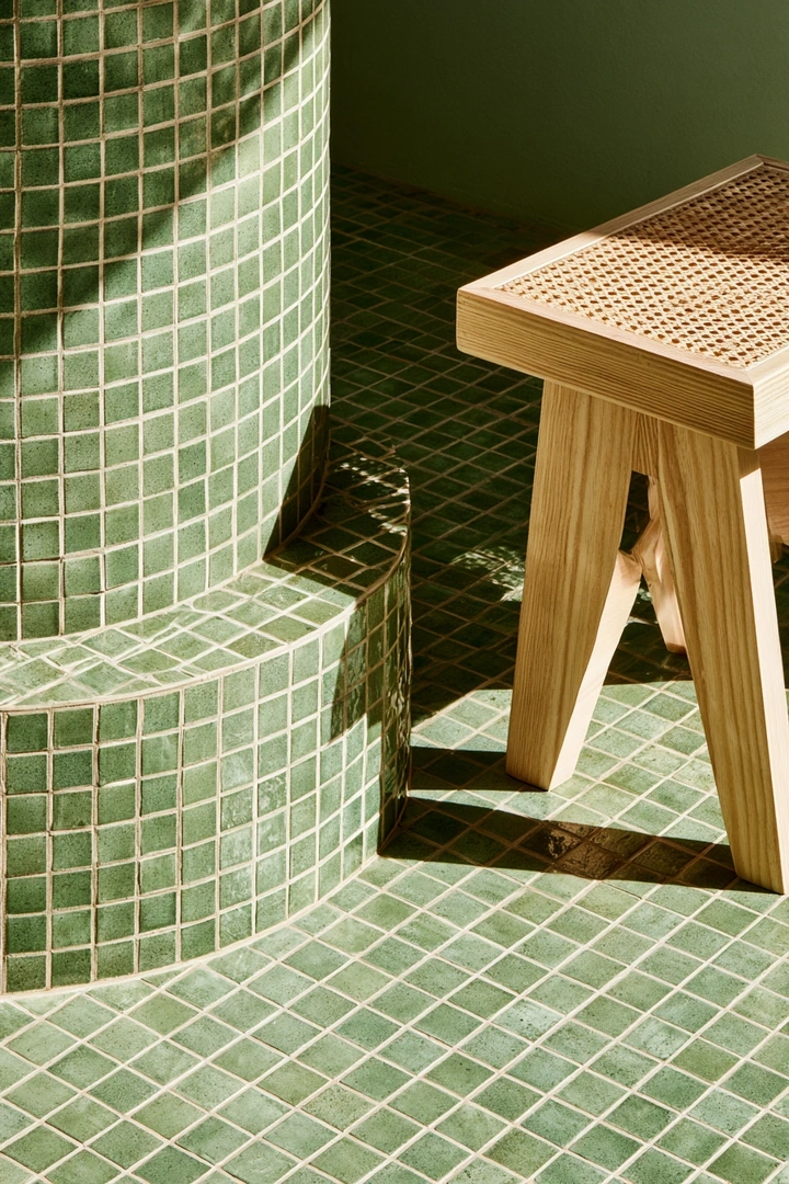 Close detail of a bathroom corner sheathed in jade-green square tiles, a curved bench wrapping into a tiled tub edge. A pale ash-wood stool with cane seat catches a sharp diagonal of sunlight. Tight crop, architectural texture study, palette of moss, olive, and warm honey wood.
