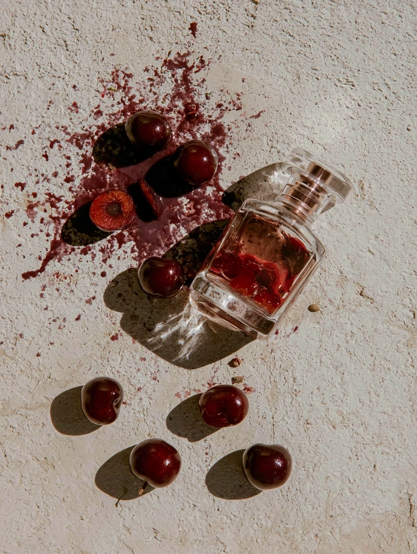 Overhead crop of a clear square perfume flacon tipped on chalky plaster, its ruby liquid spilling alongside dark cherries and crushed pulp. Hard noon sun carves long blue shadows from scattered fruit. Editorial fragrance still life, oxblood and pale stone contrast, gritty texture.