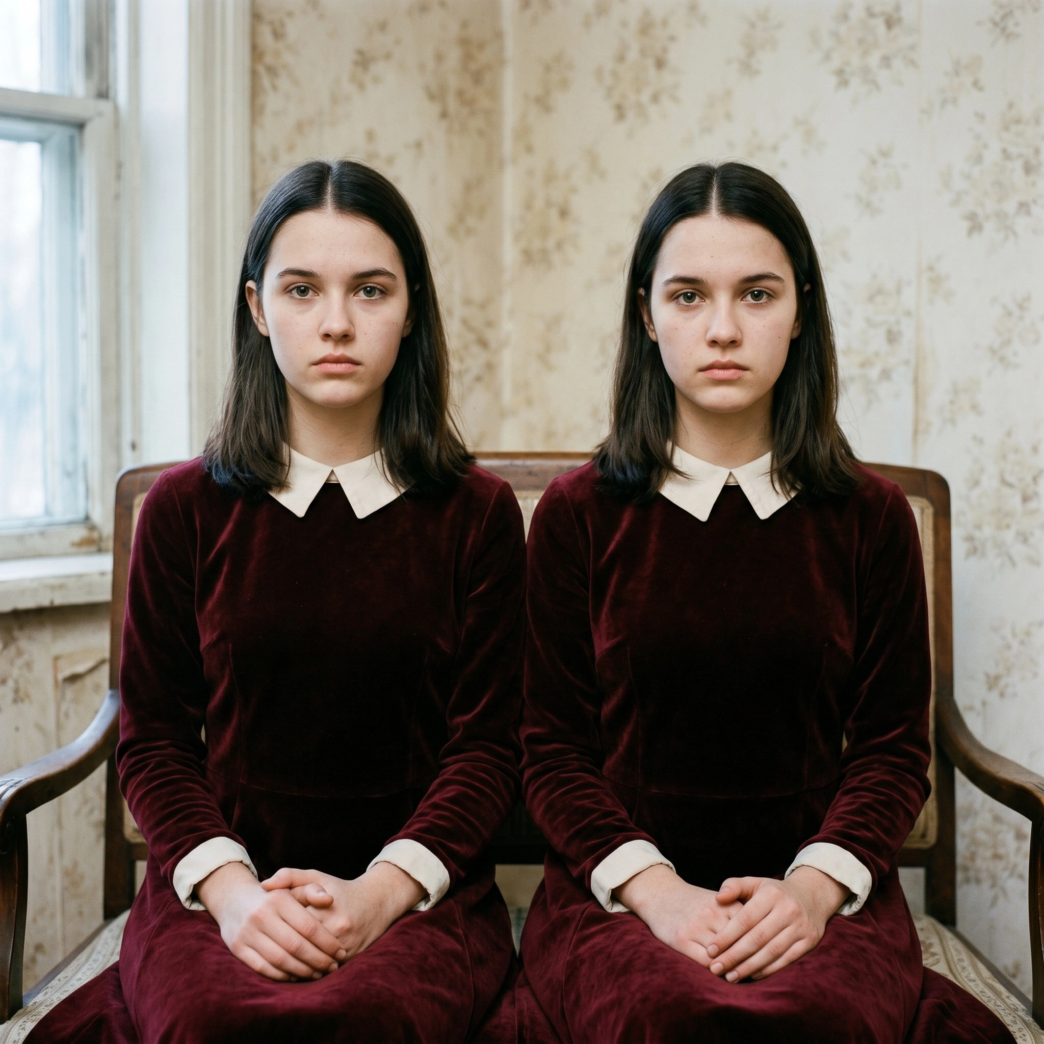 Two identical teen sisters sit shoulder-to-shoulder on a wooden settee in matching oxblood velvet dresses with stiff ivory peter-pan collars, hands folded in their laps. Faded floral wallpaper, scuffed window casing and worn carpet build an unsettling domestic stillness. Cool window light, deliberate symmetry, large-format portraiture with a quiet Diane Arbus tension.