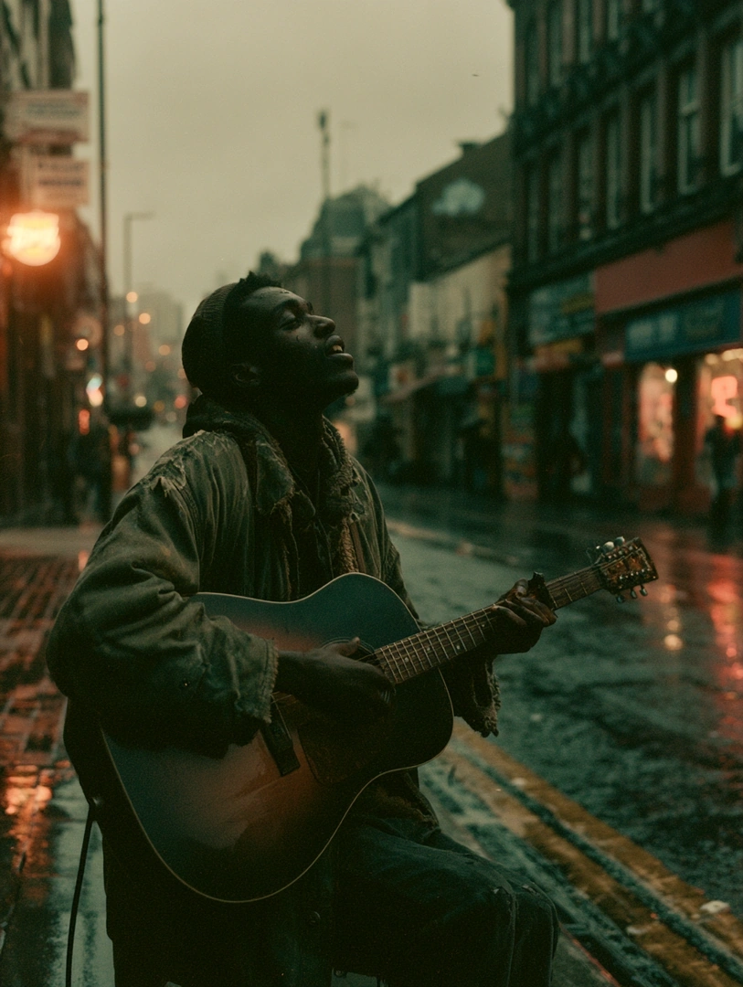 A young Black busker sits on a rain-slicked London high street strumming an acoustic guitar, eyes closed, head tilted skyward in mid-vocal. Sodium streetlamps and shopfronts glow amber through drizzle, double yellow lines streaking the wet asphalt. Cinematic 70mm warmth, raw protest-soul mood.